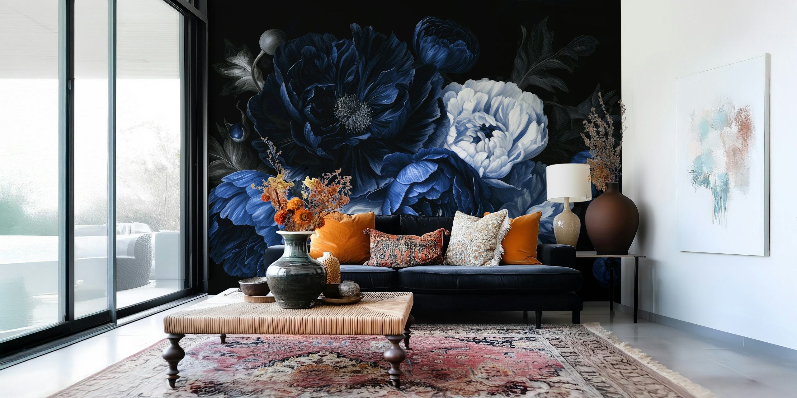Dark navy flowers and white peonies with leaves wallpaper