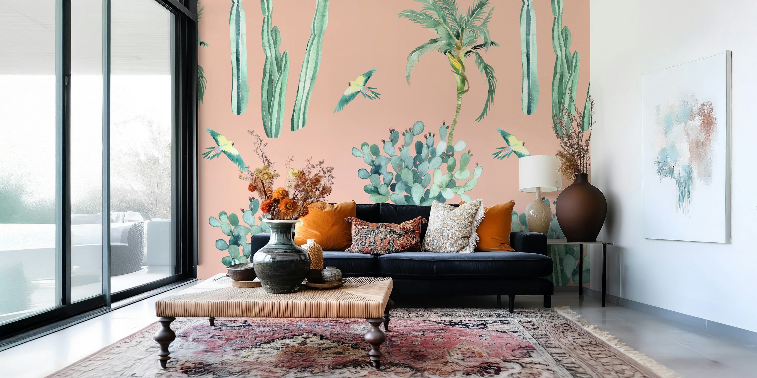 Parrots and cacti wallpaper in a room