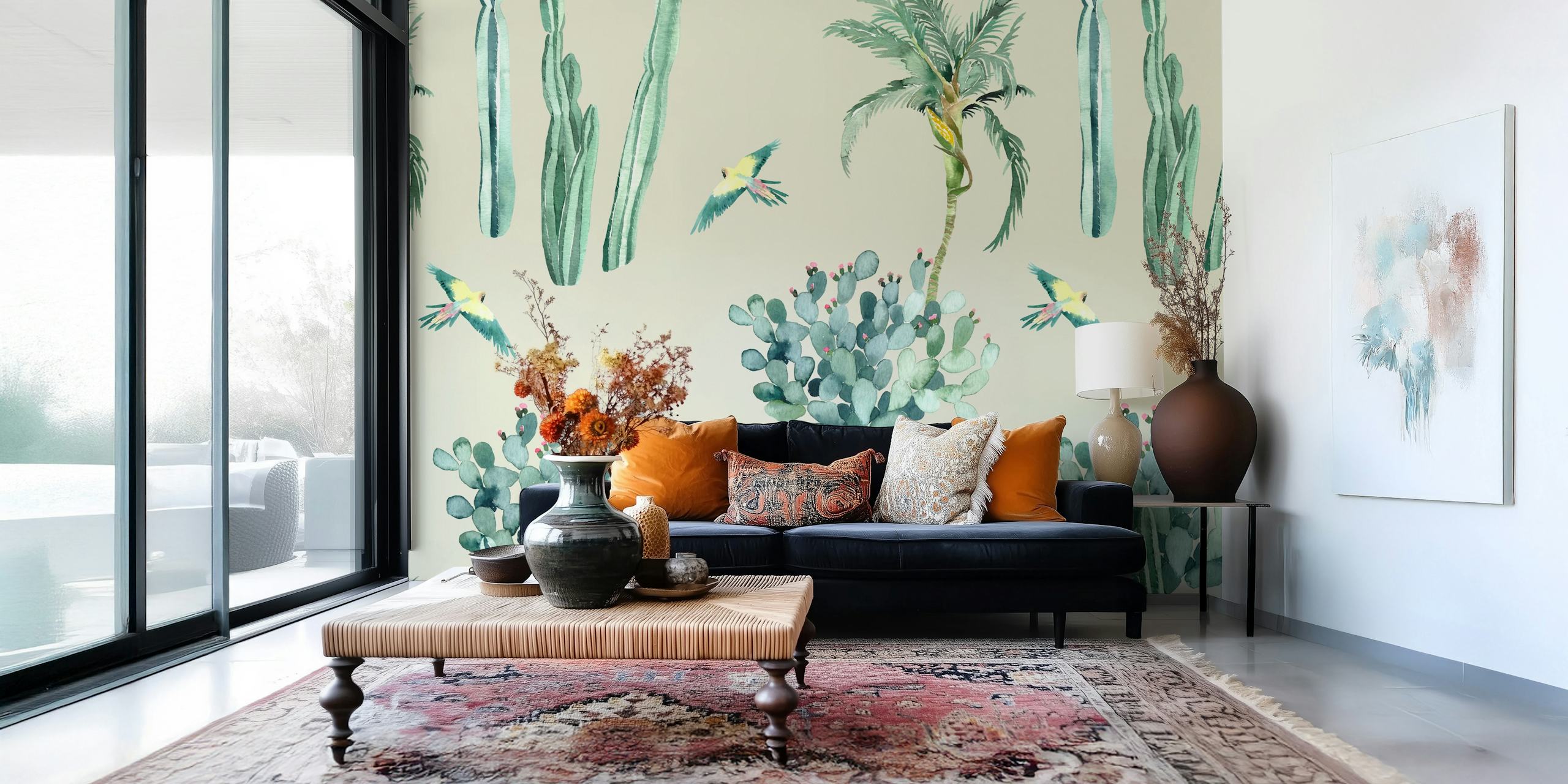 Cactus and tropical birds on beige background wallpaper