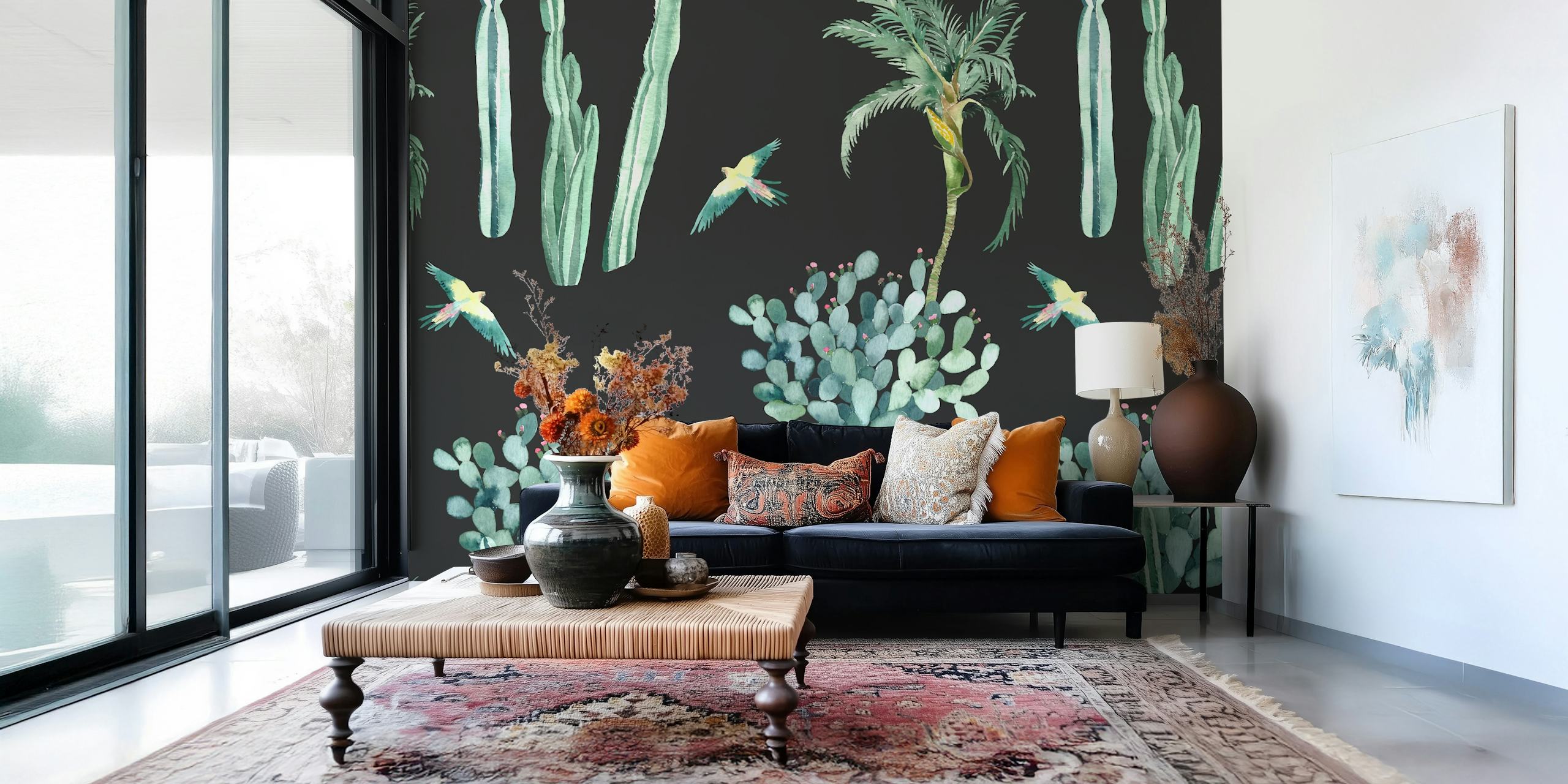 Cactus and exotic birds on a black background wallpaper