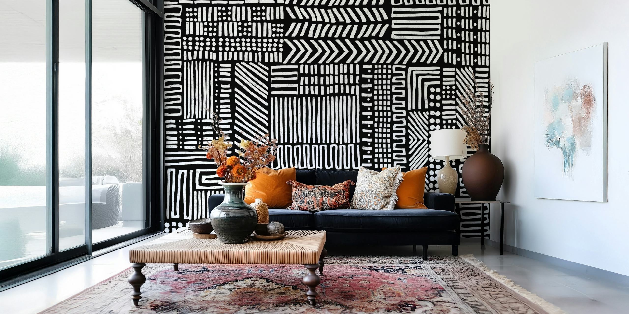 Geometric line patterns in black and white wallpaper