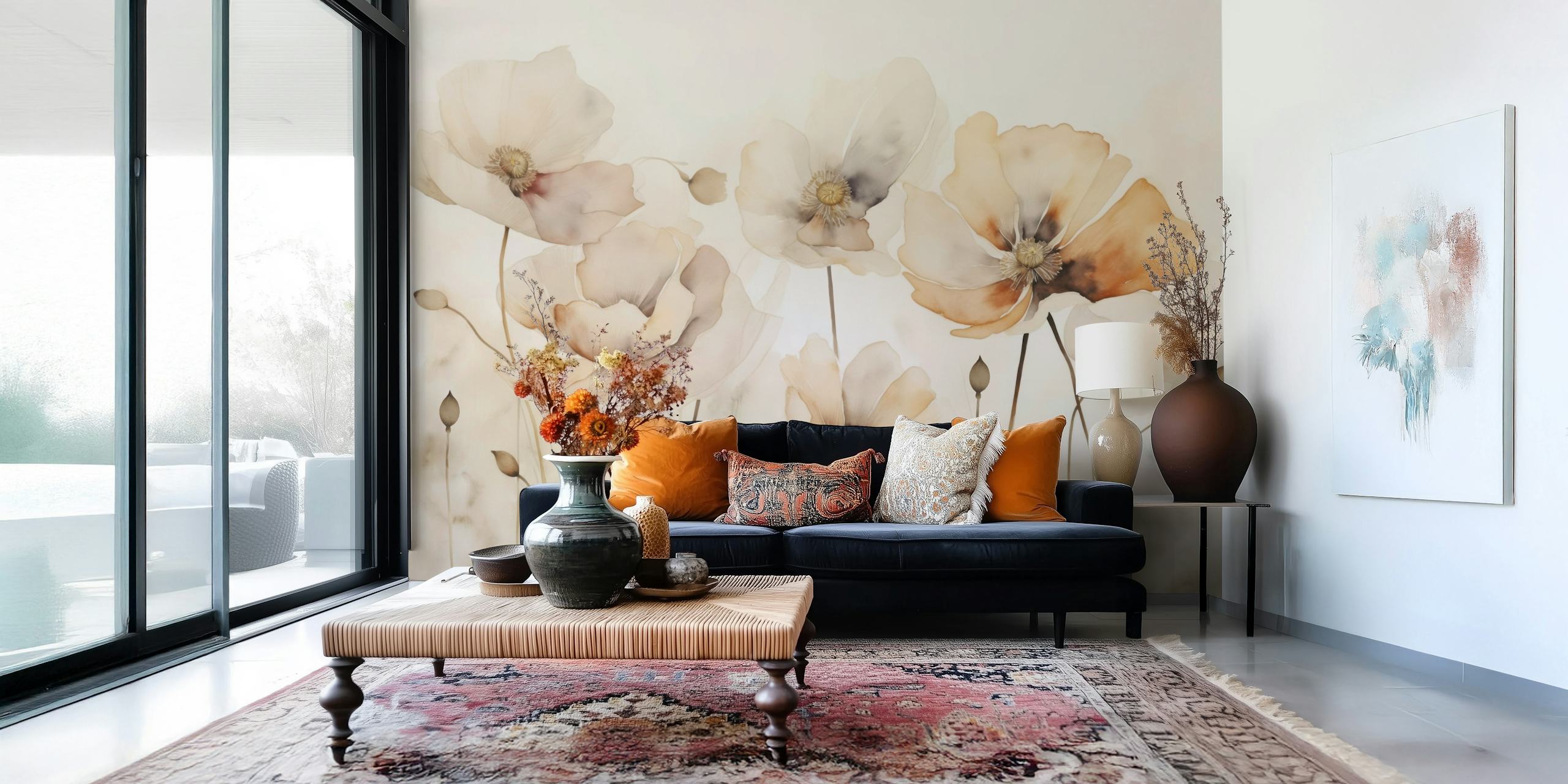 Gentle Poppy Flower Meadow wallpaper in a room
