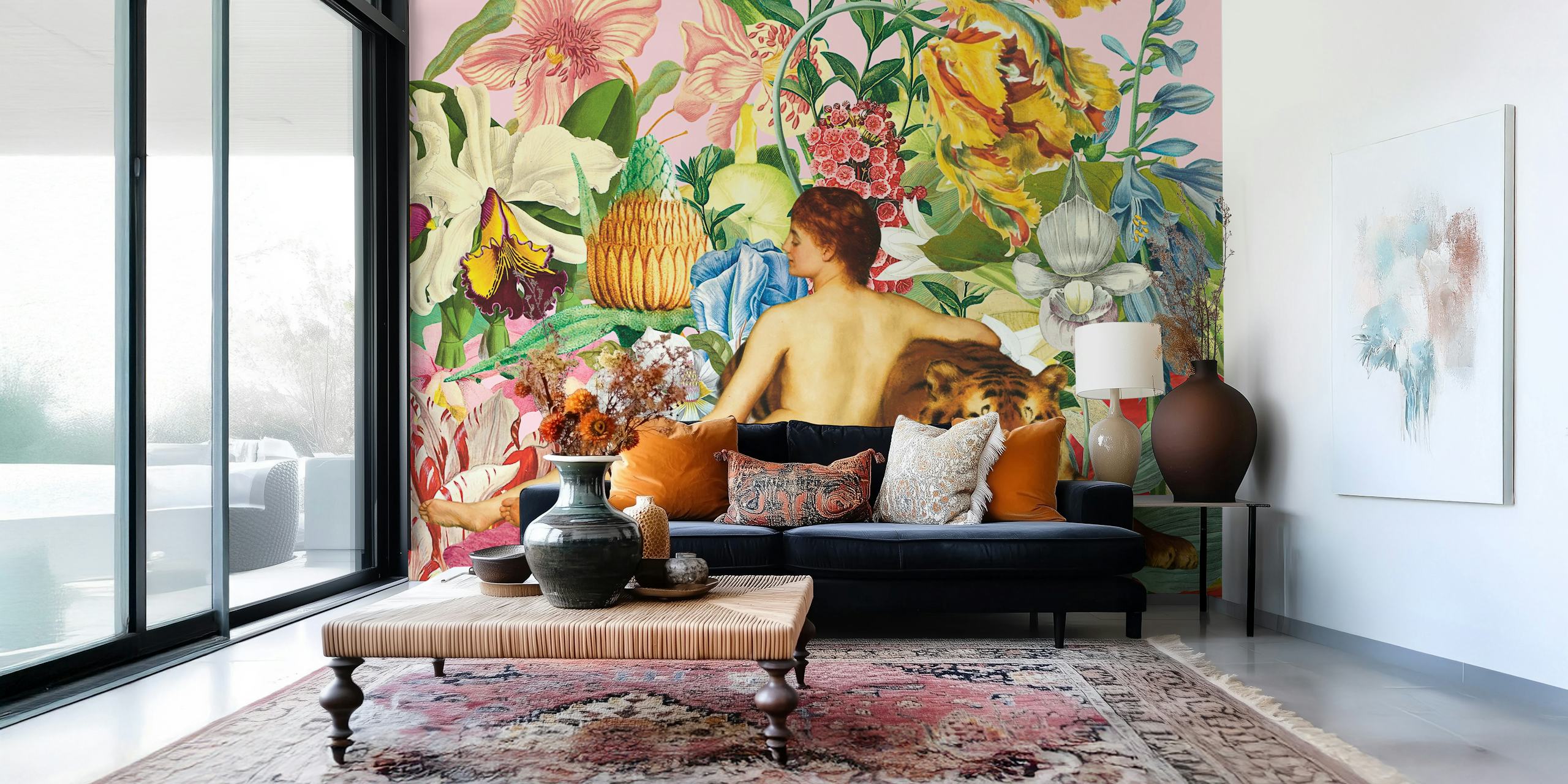 Floral wallpaper with a woman and tiger featuring vibrant flowers on pink background