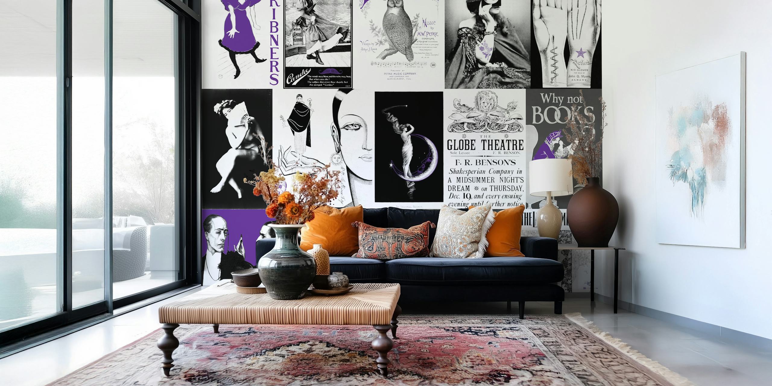 Vintage art wallpaper in black, white, and purple