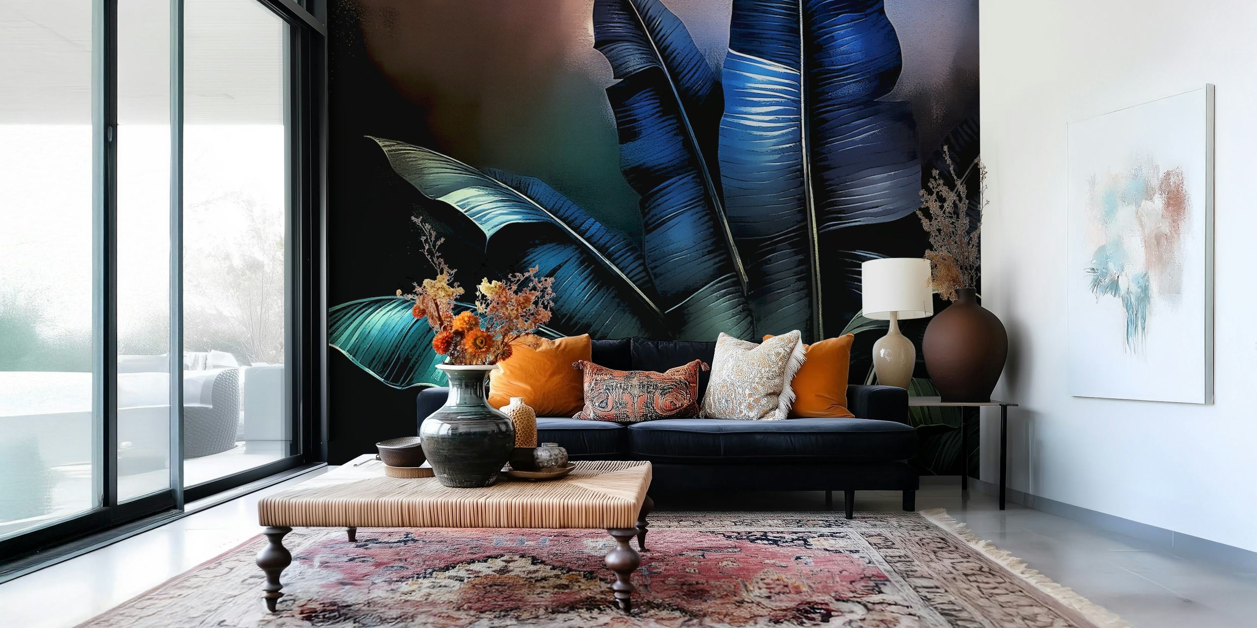 Tropical jungle leaves in shades of green and blue wallpaper