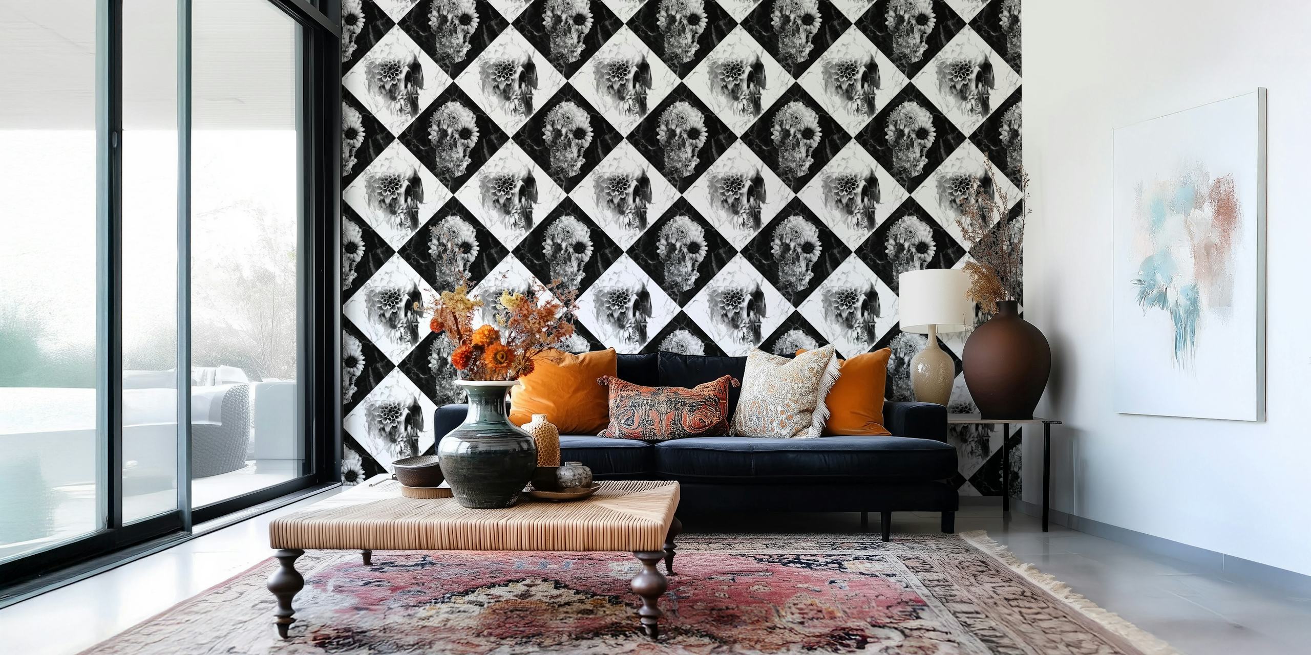 Black and white checker pattern with skull motifs wallpaper