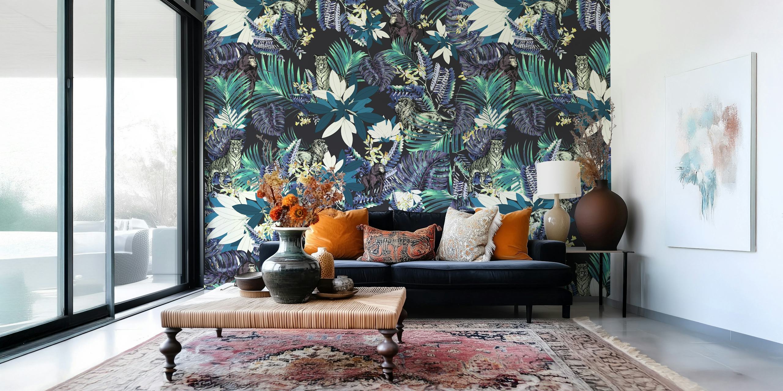 Tropical floral jungle design with tigers and ferns in dark colors wallpaper