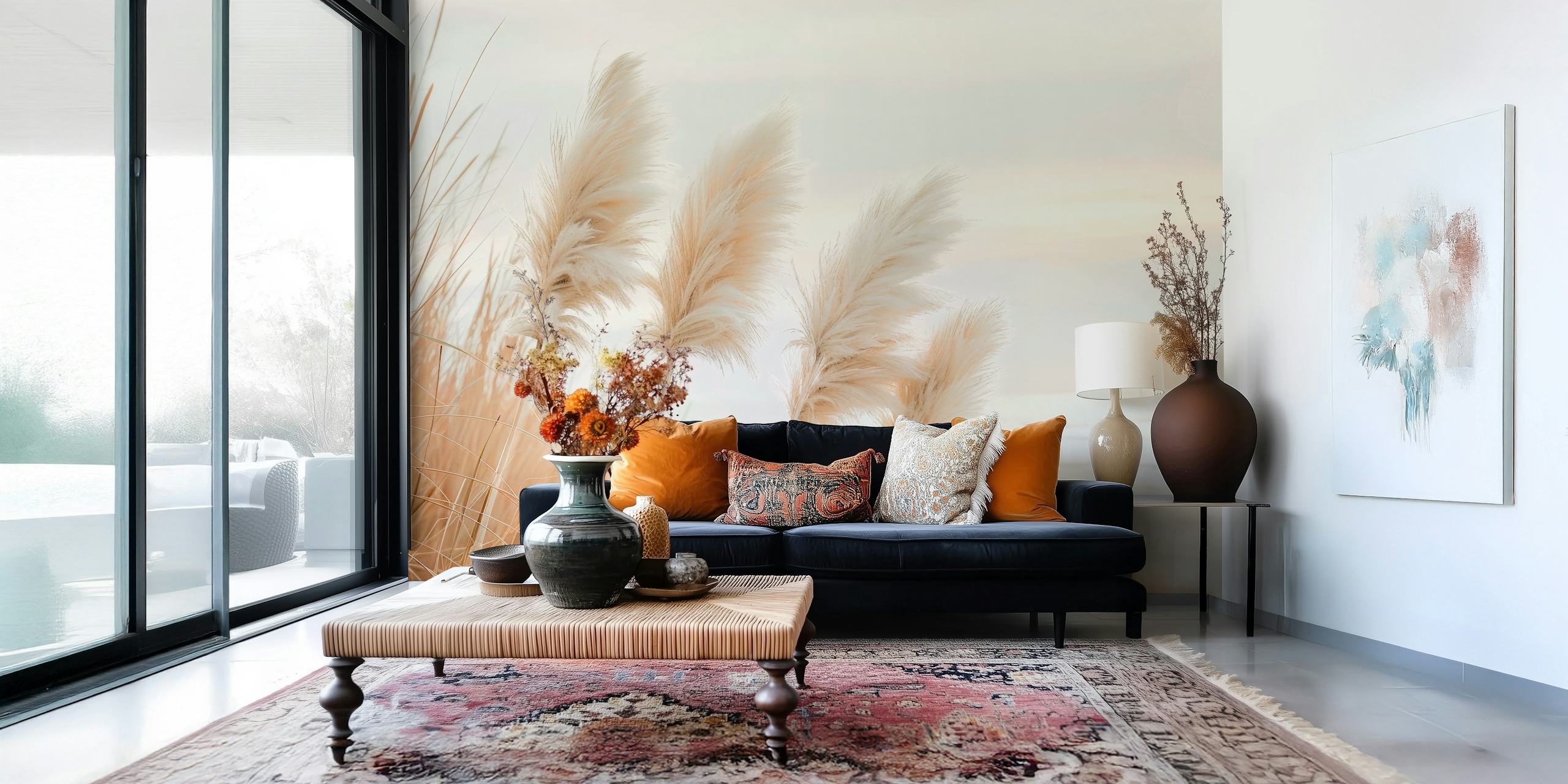 Pampas grass in soft cream tones against a serene background wallpaper