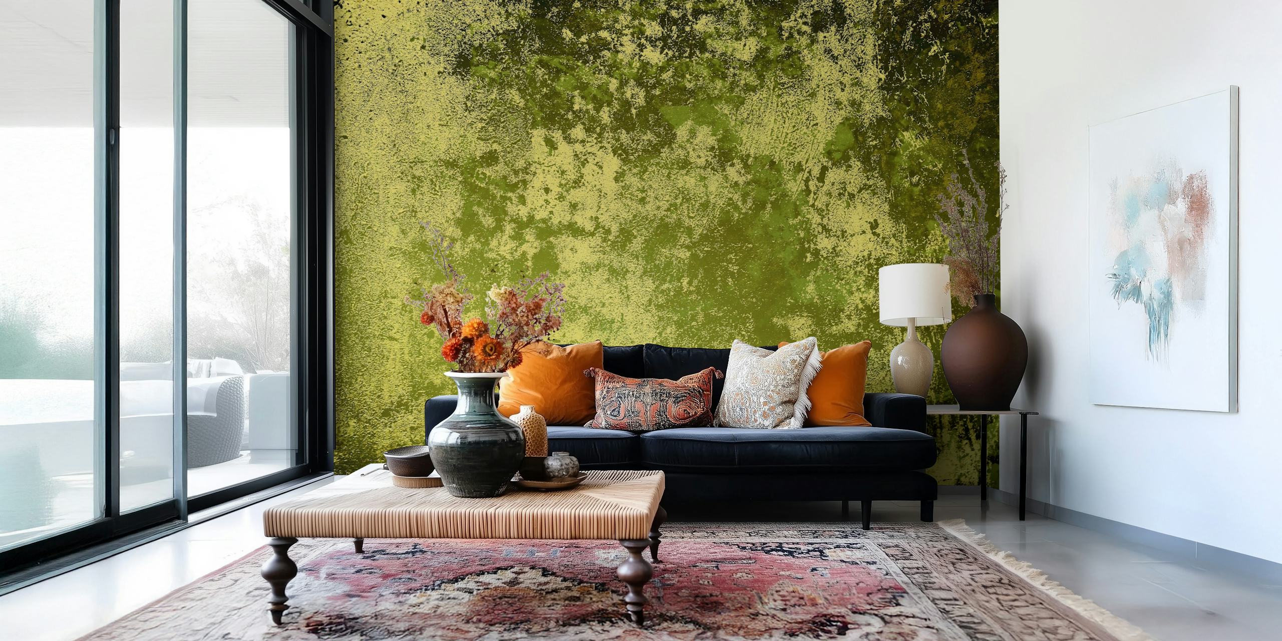 Olive green concrete texture wallpaper with rough patterns
