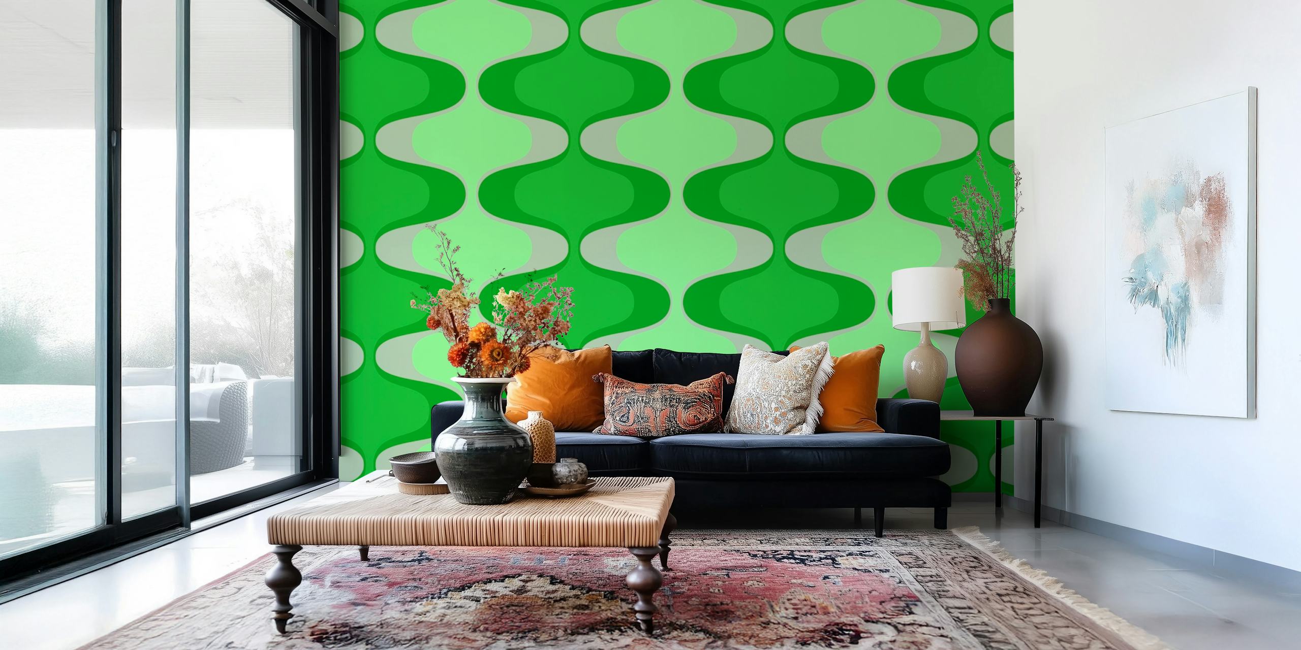 Papel de parede Geometric Vivid Green Vintage Abstract em um quarto