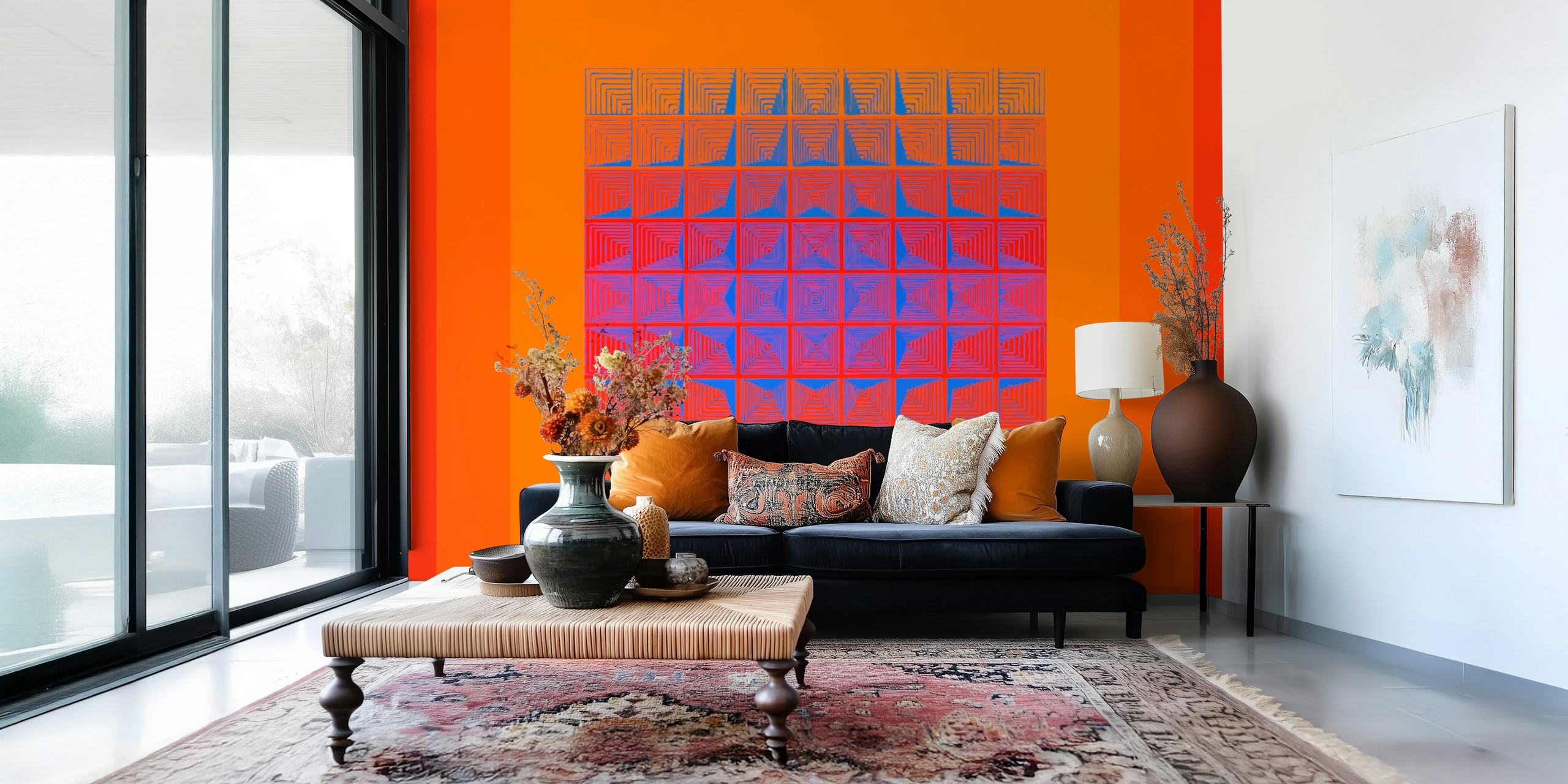 Retro geometric wallpaper in a living room
