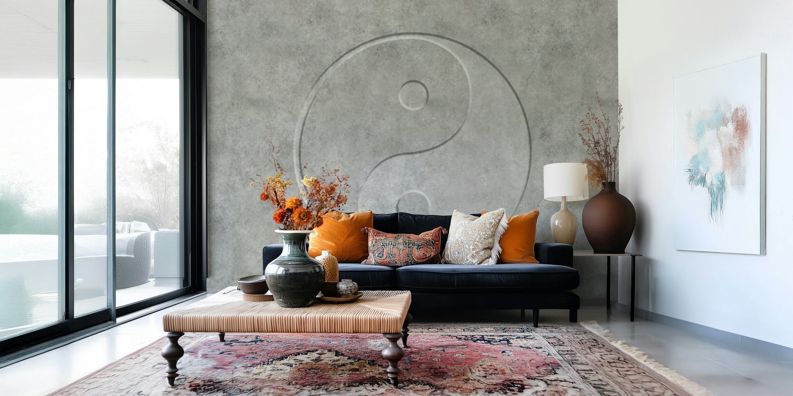 Gray concrete wallpaper featuring a Yin Yang symbol in the center