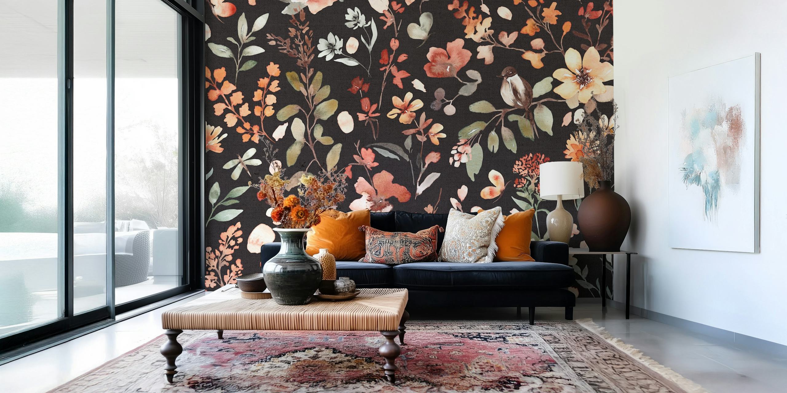 Colorful floral patterns on black wallpaper, watercolor style