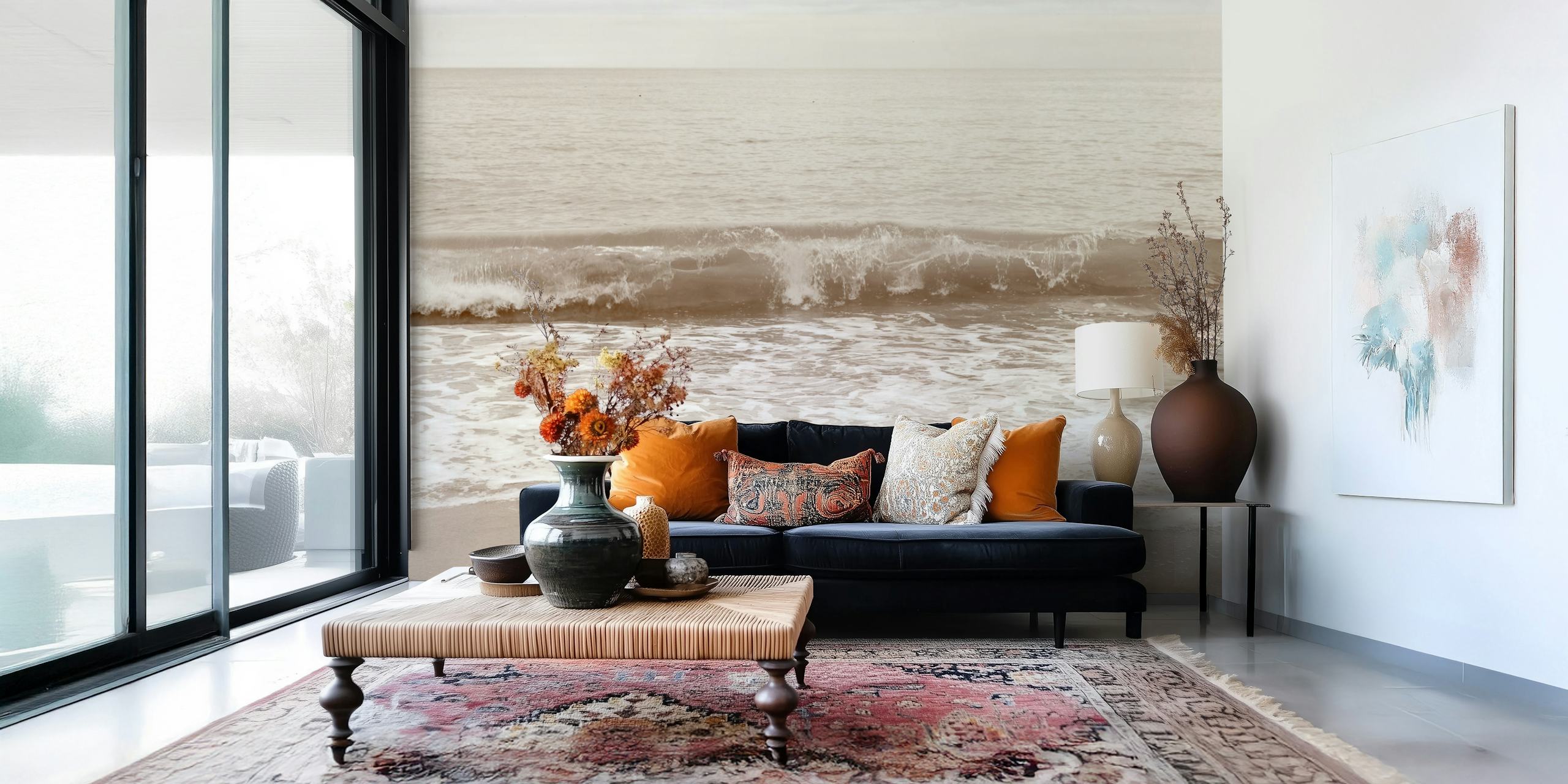 Soft beige wallpaper featuring ocean waves and shoreline