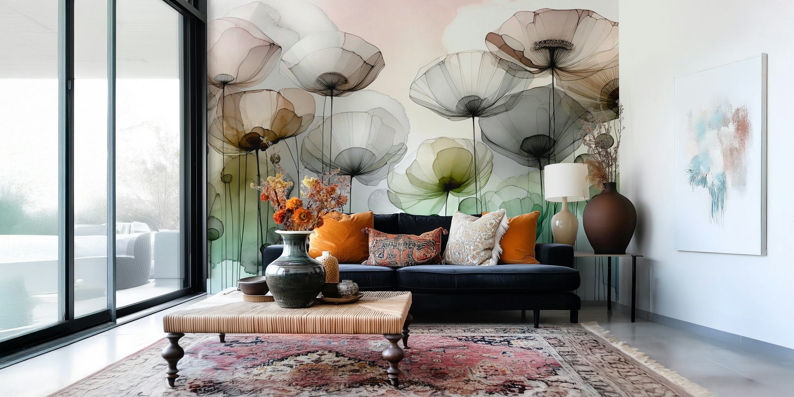 Ink Wash Flower Field wallpaper in a room