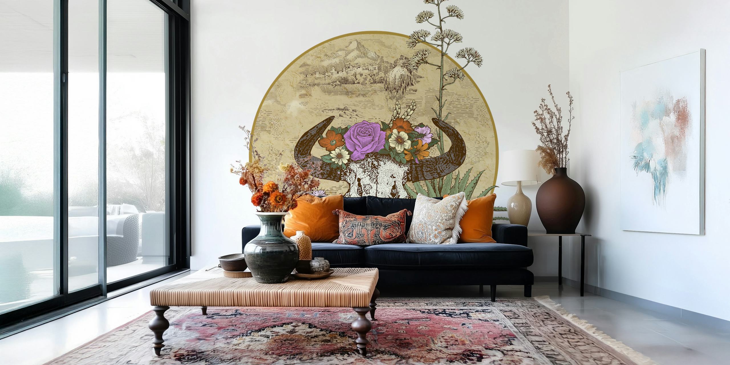 Skull with flowers and plants in front of a circular backdrop wallpaper
