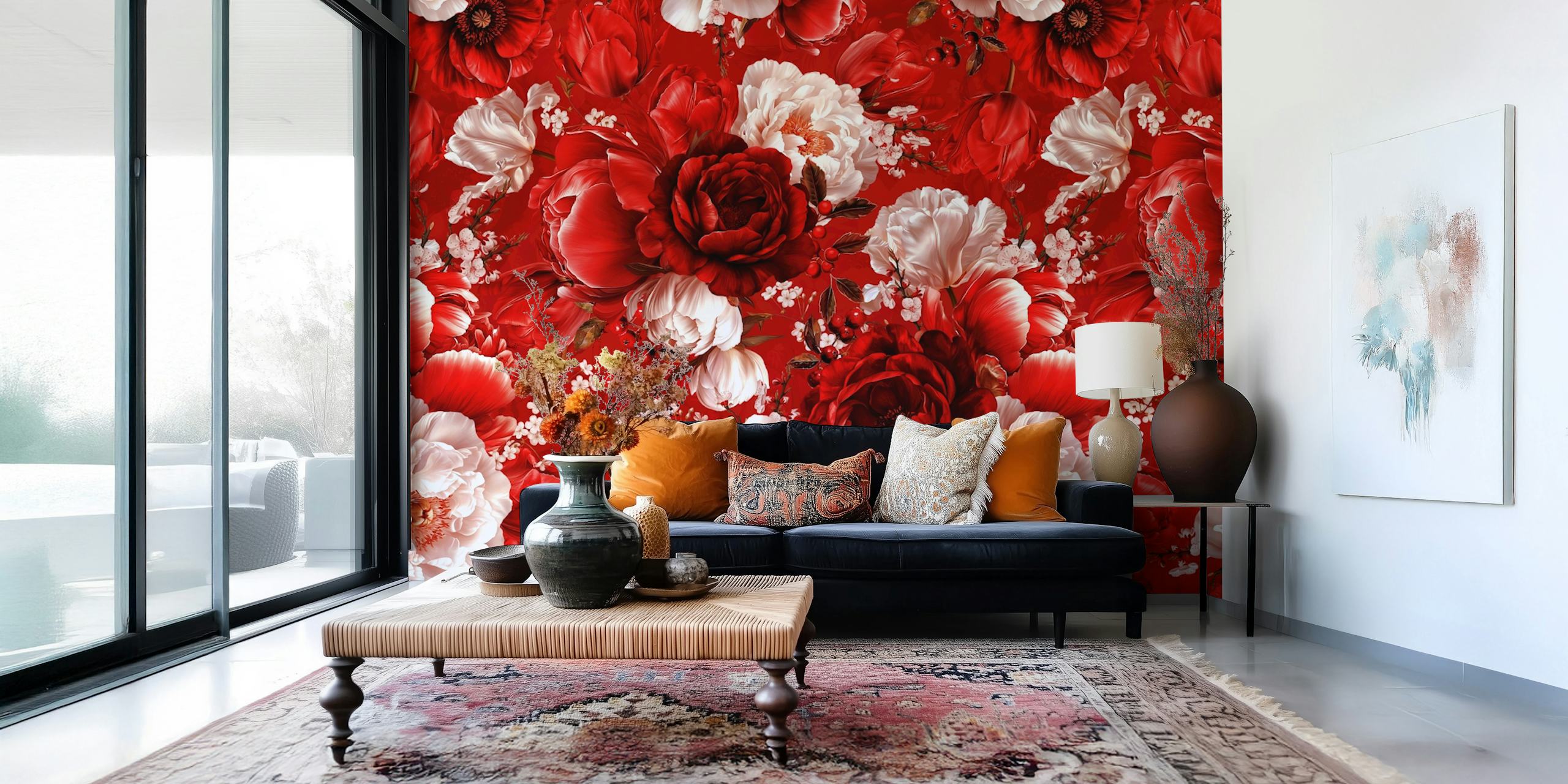 Design de papel de parede floral vermelho em um quarto