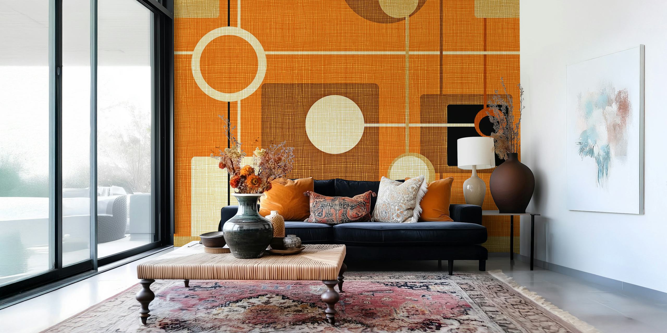 Mid-Century Style Motif tapet i orange og creme
