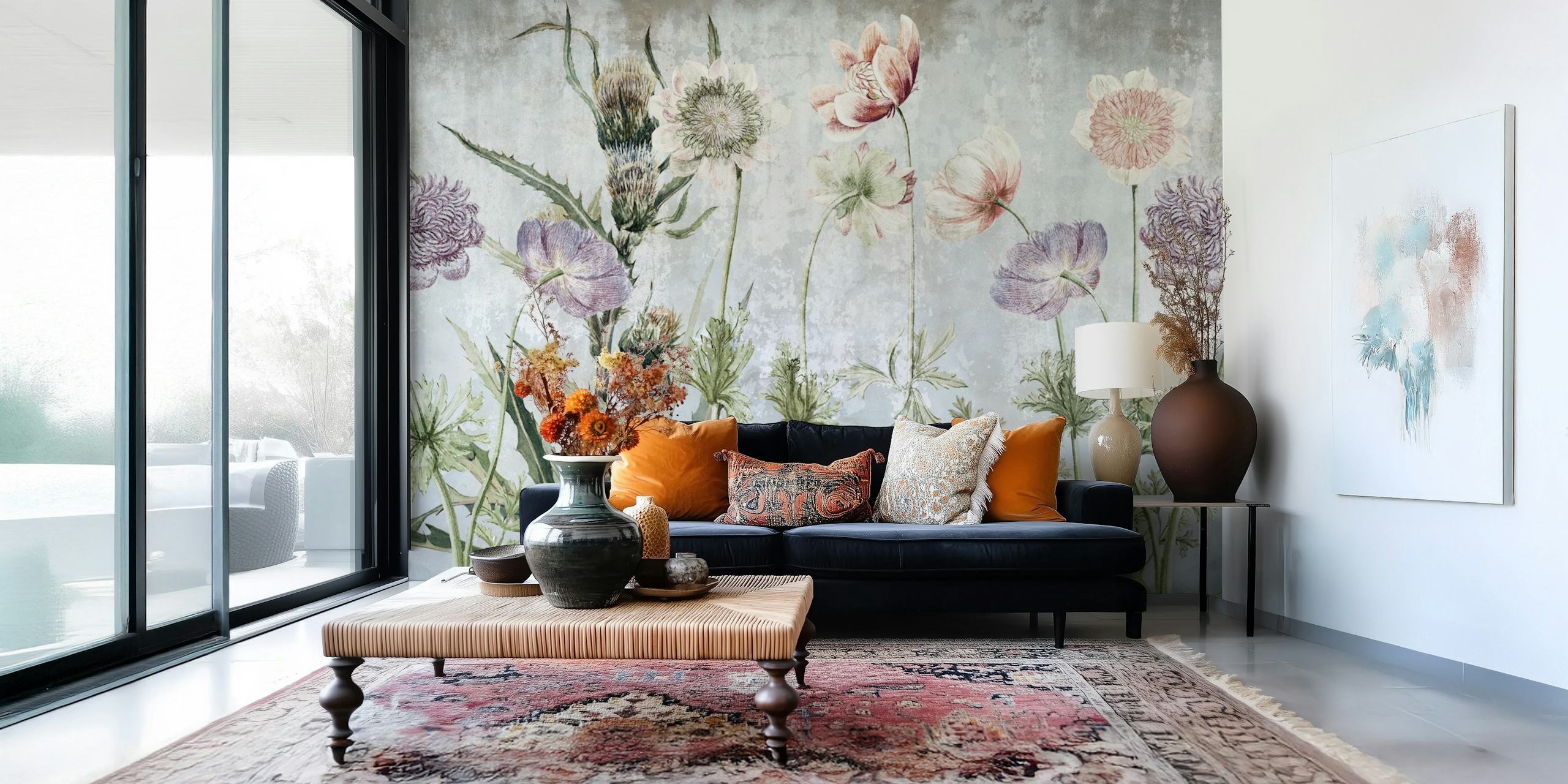 Ταπετσαρία Vintage Floral Art που παρουσιάζεται σε ένα δωμάτιο
