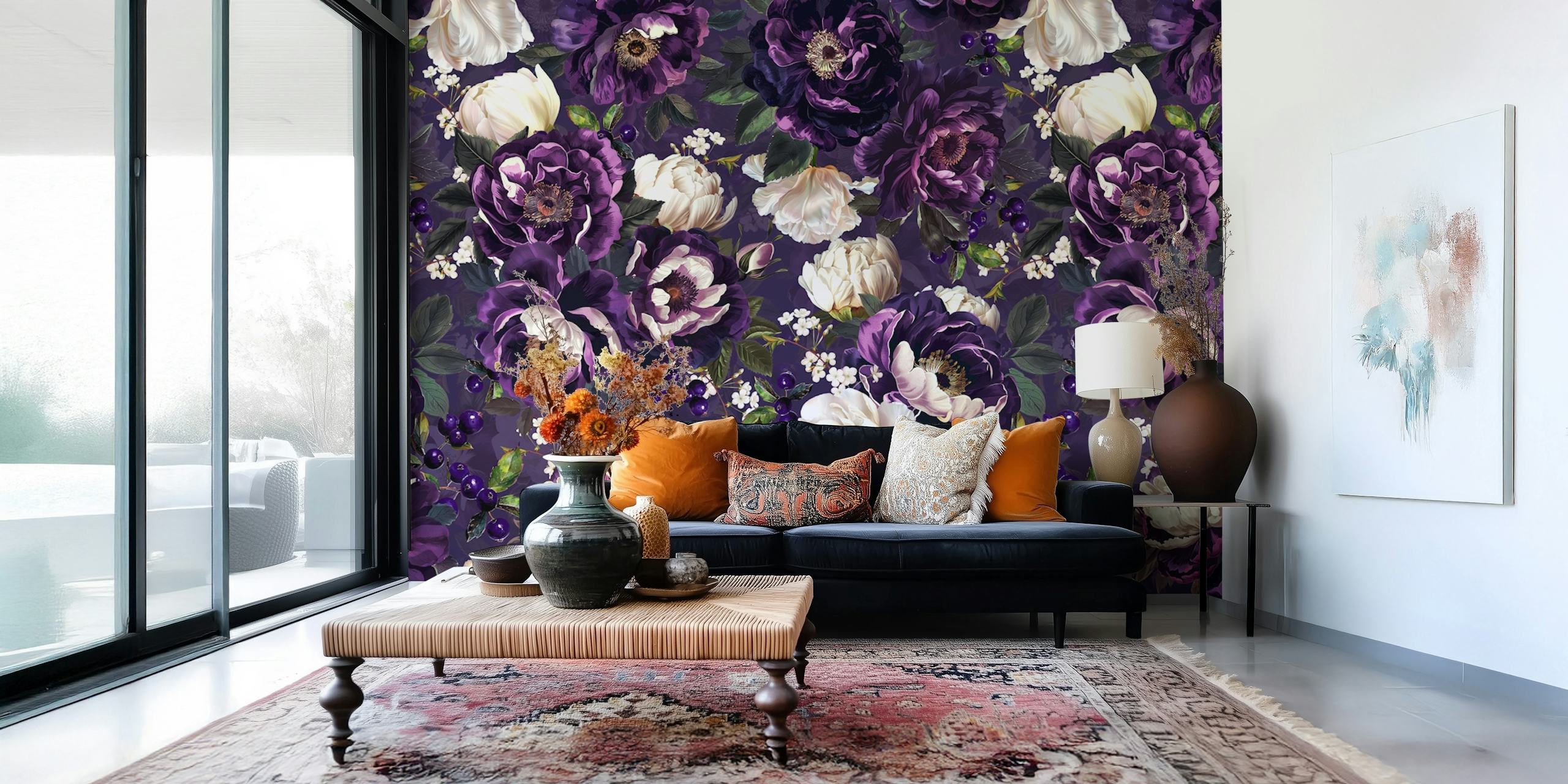 Purple floral wallpaper with peonies and leaves in baroque style