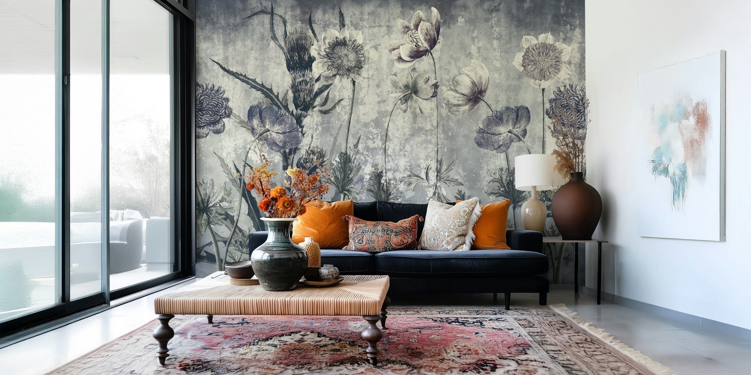 Dark vintage floral wallpaper in a room