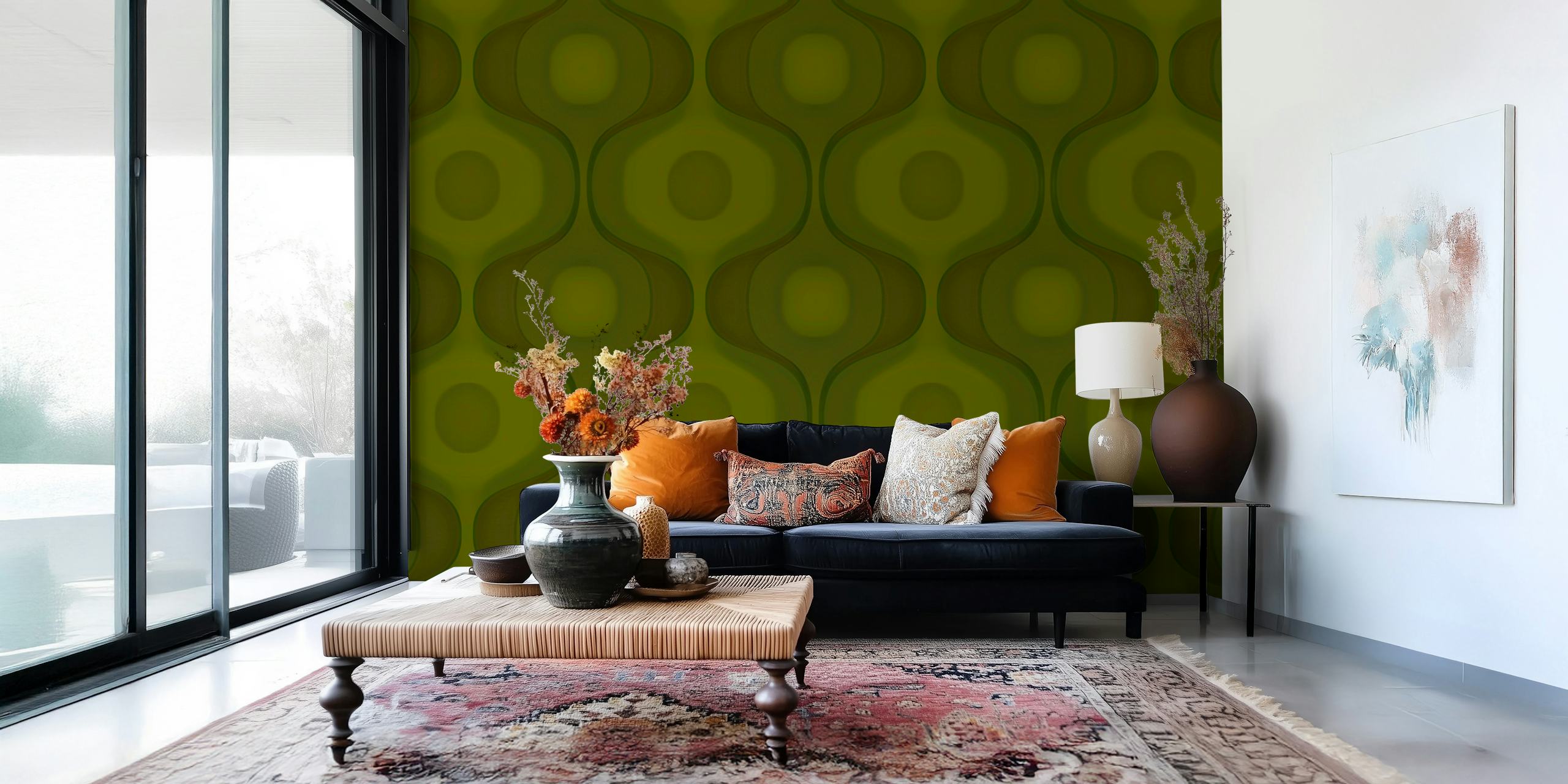 Geometric green grooves wallpaper in a room