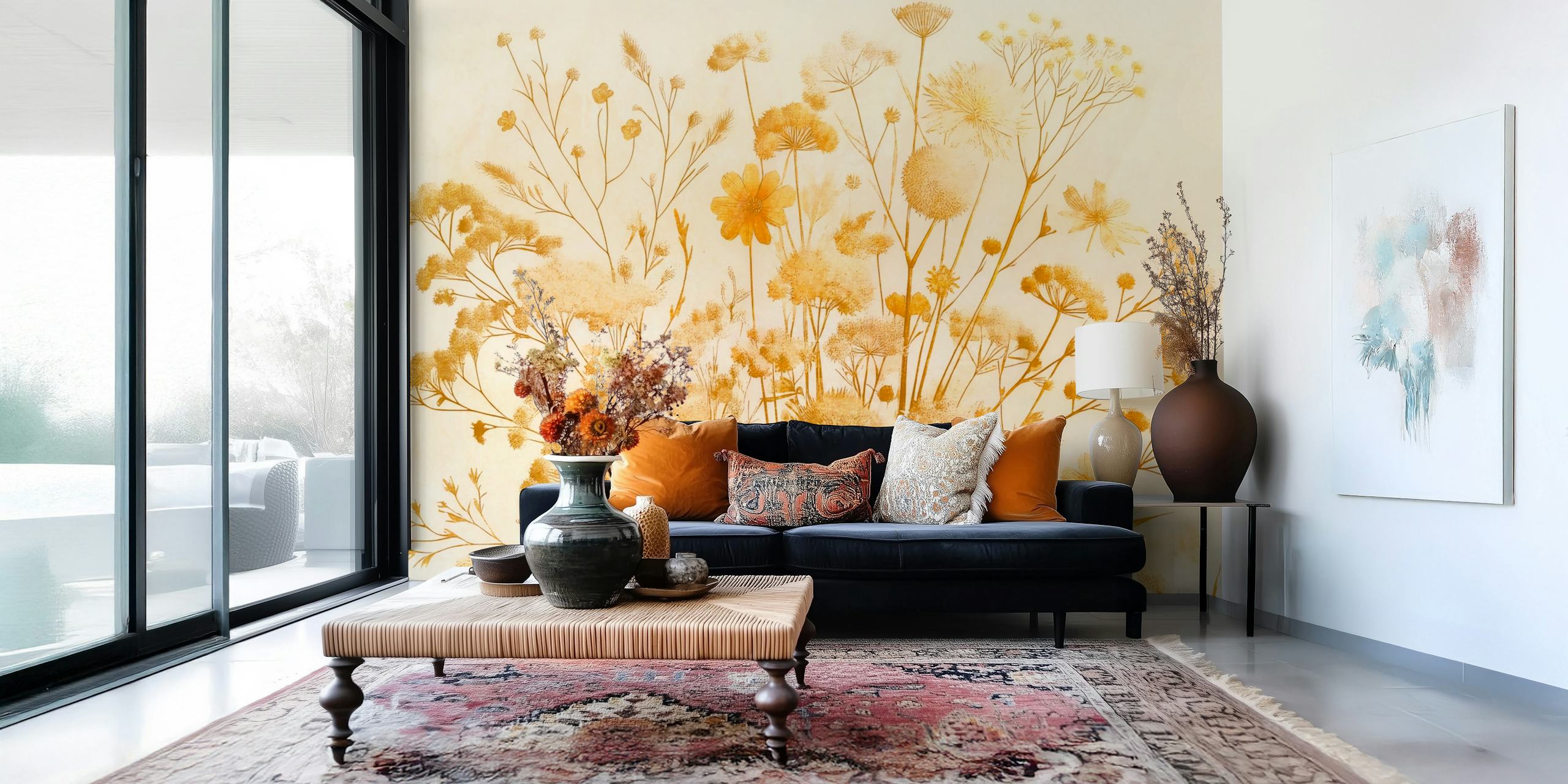 Golden Meadow Blossoms wallpaper design in a room