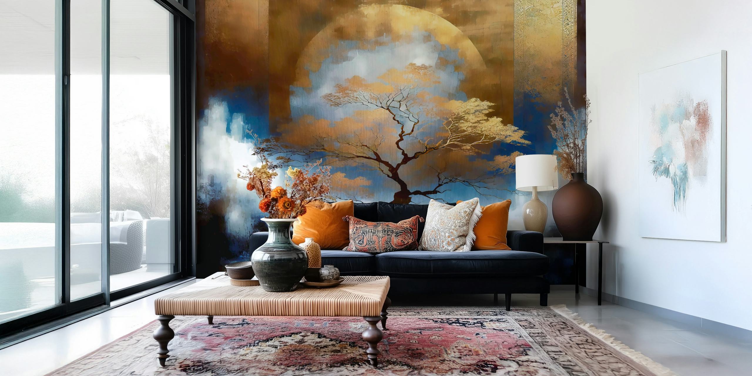 Silhouetted tree against a blue and gold night sky wallpaper