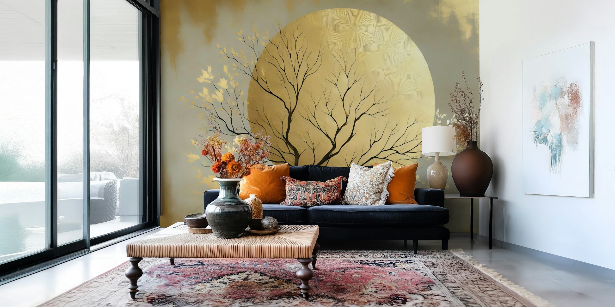 Black tree branches with gold leaves against a golden moon wallpaper