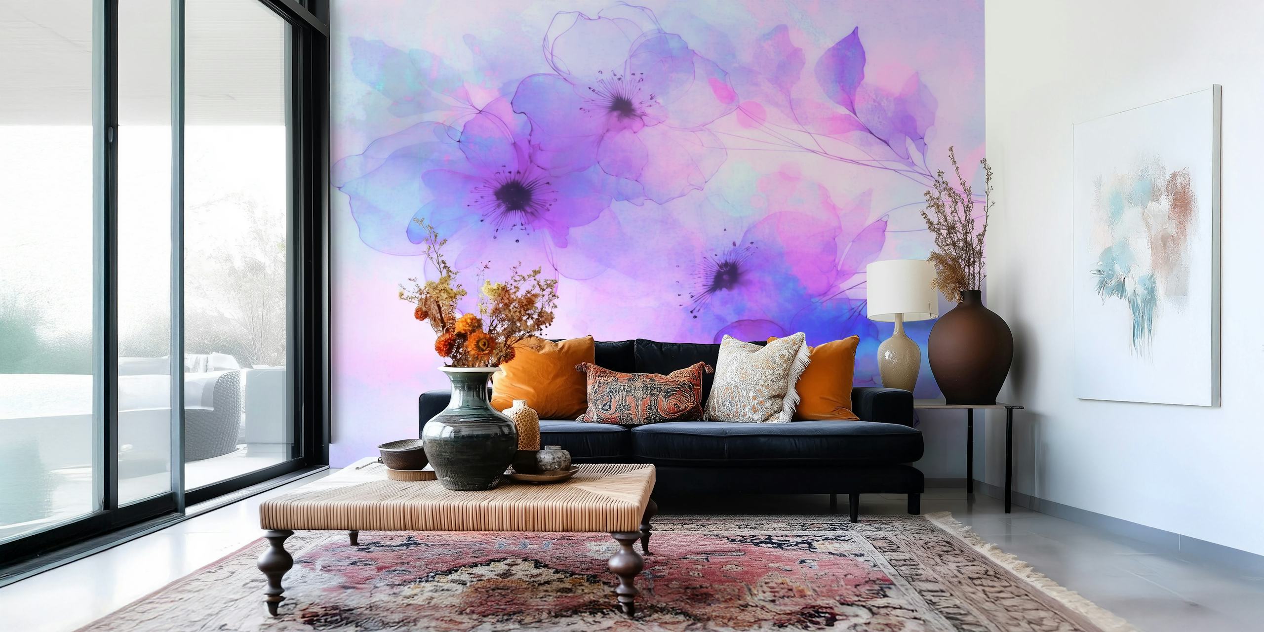 Purple translucent flowers with black centers on a soft pastel background wallpaper