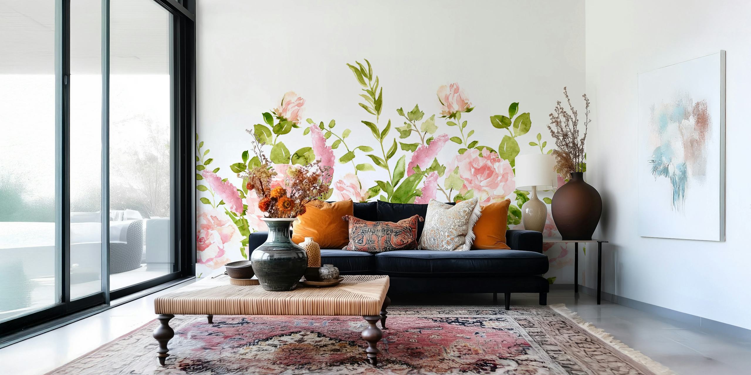 Boho Watercolor Flower Meadow wallpaper in a room