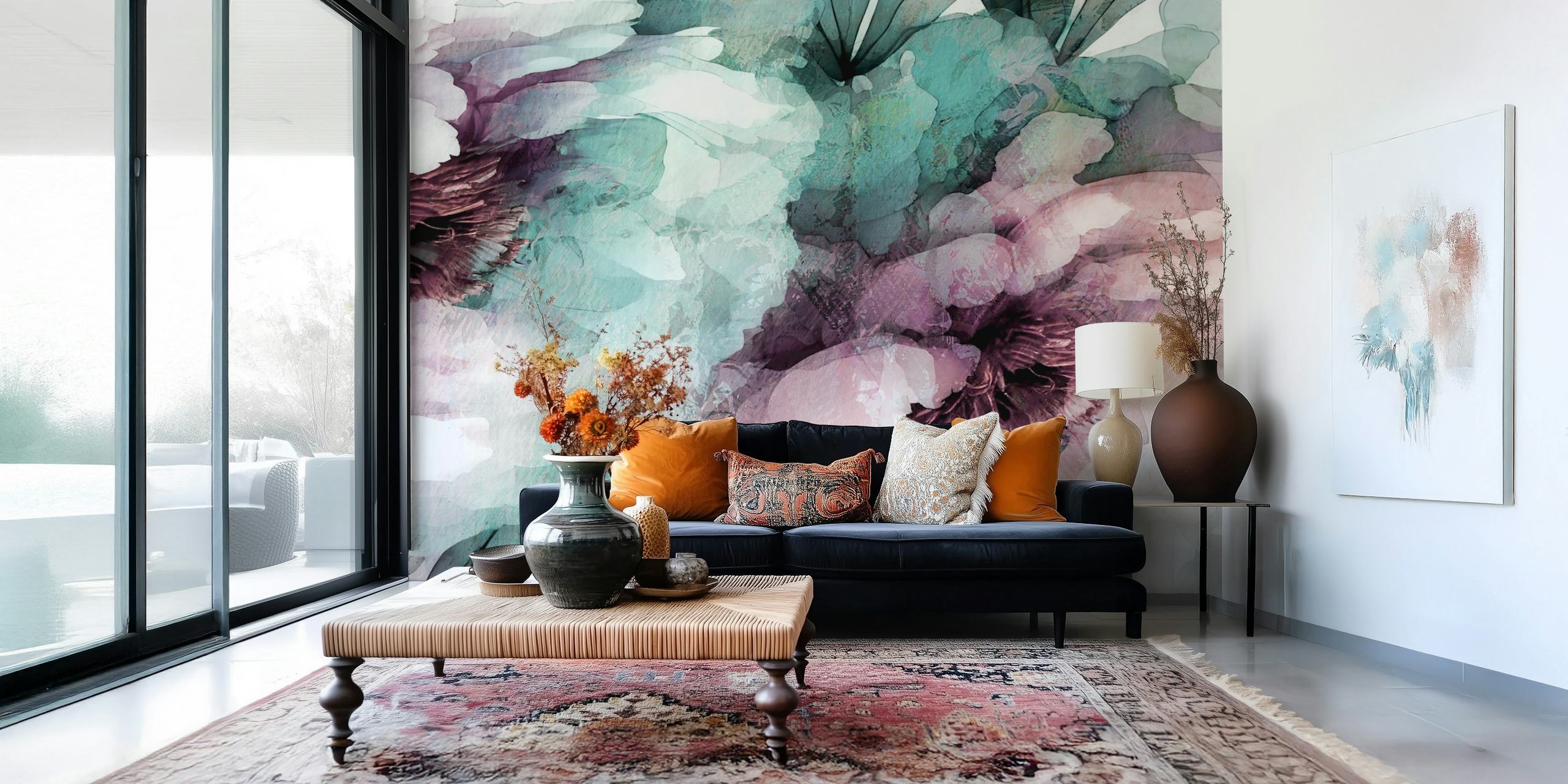Watercolor floral design with soft purple and teal hues wallpaper