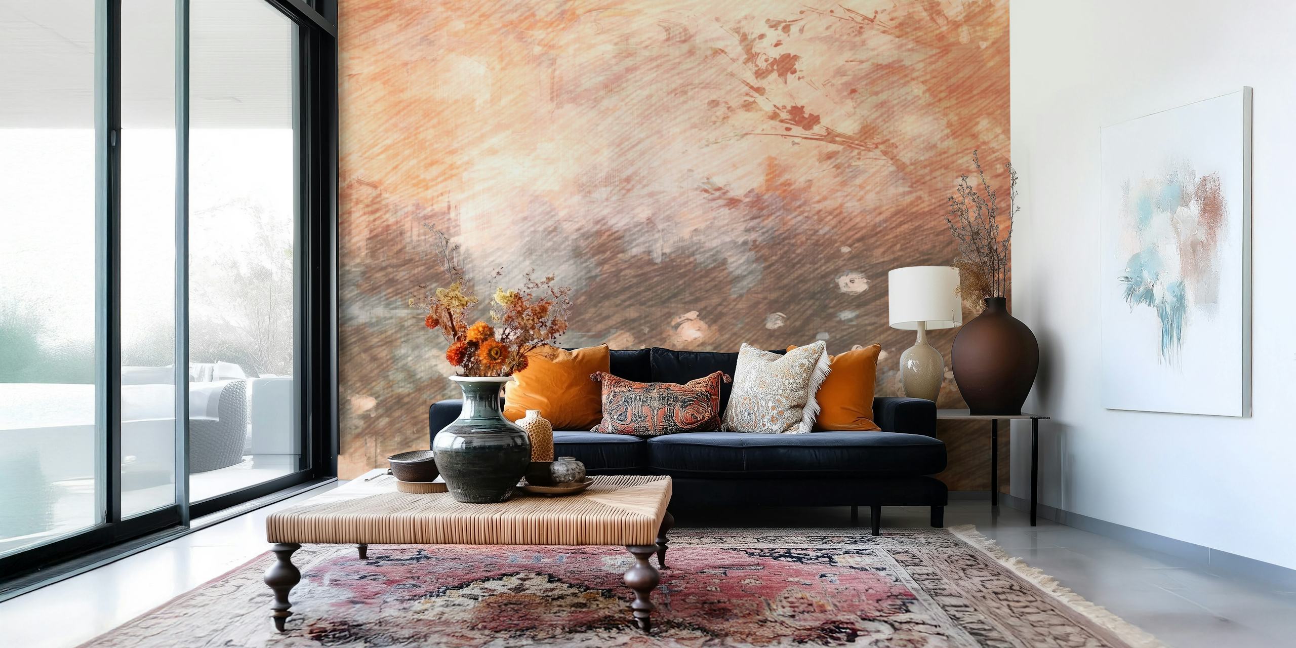 Mocha floral patterns in warm tones, impressionist wallpaper