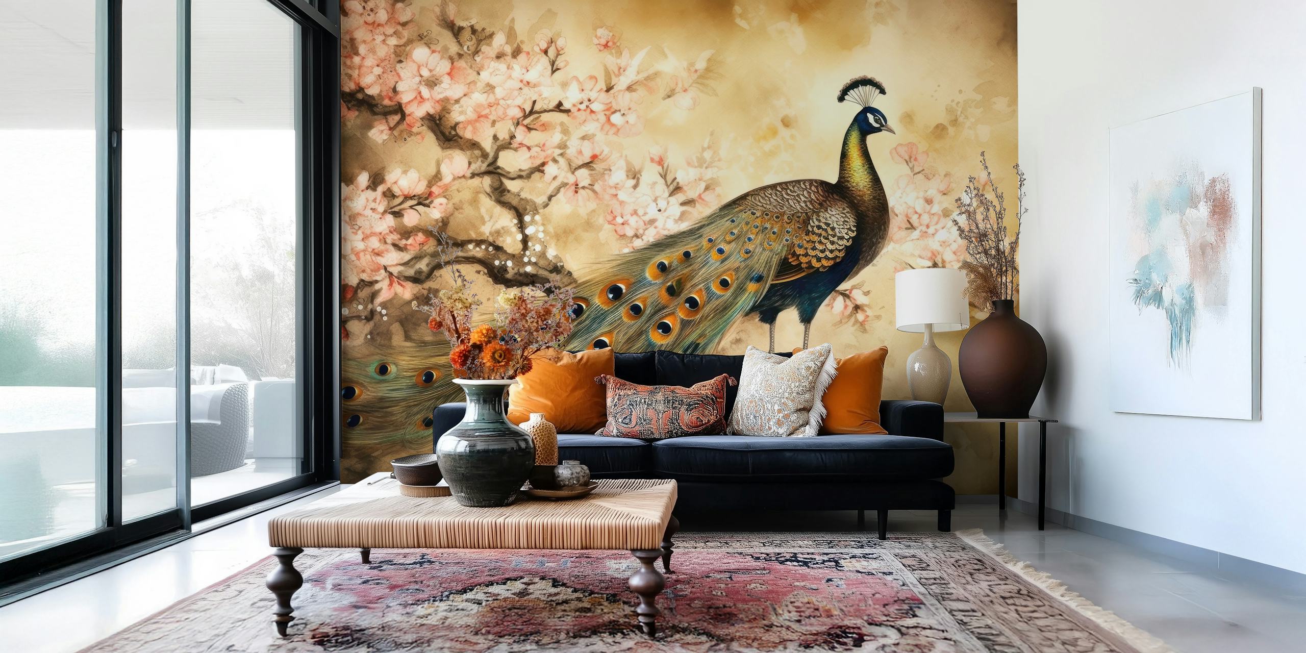 Vintage Peacock Garden wallpaper in a room