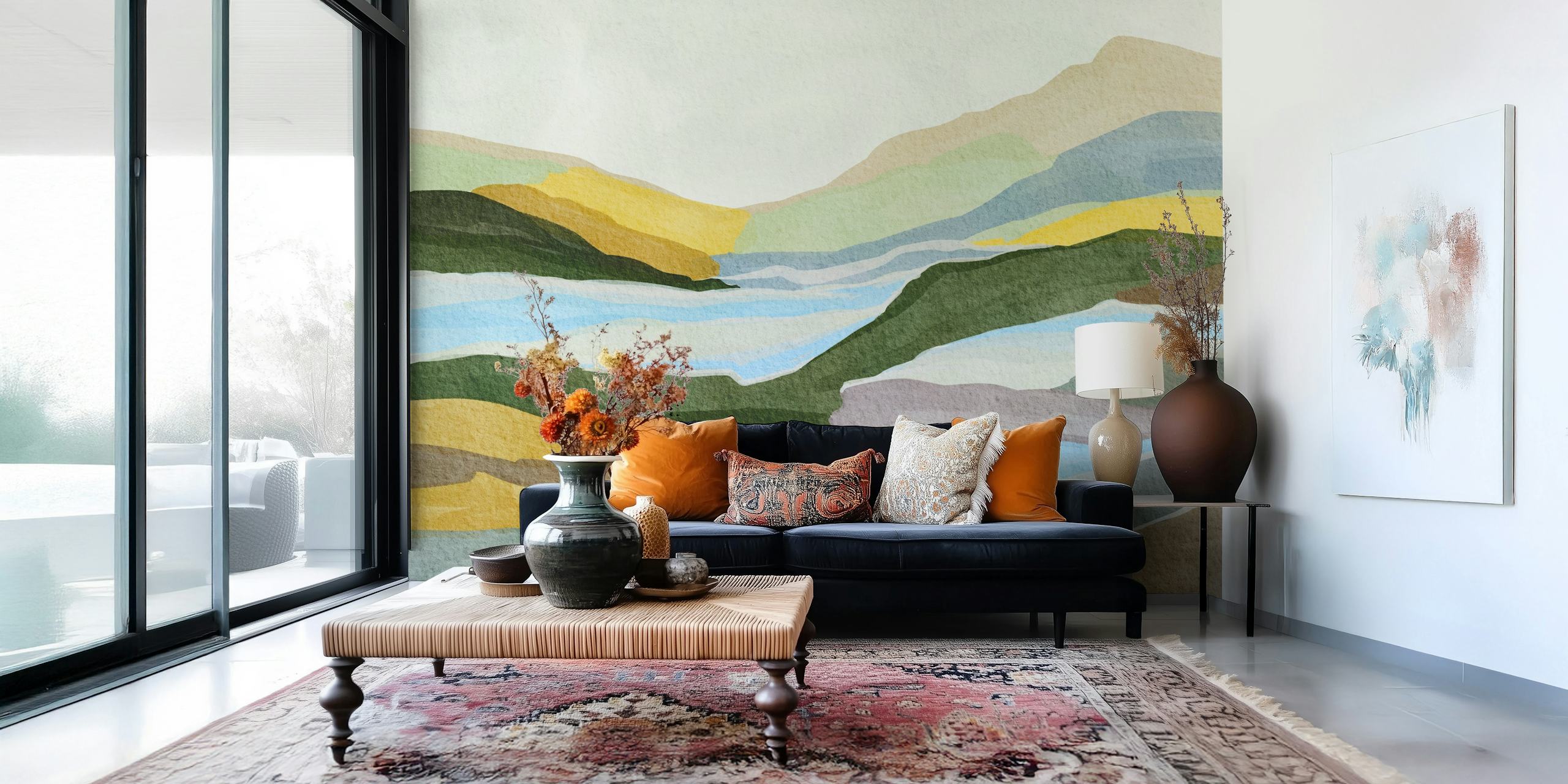 Soothing landscape wallpaper in a room