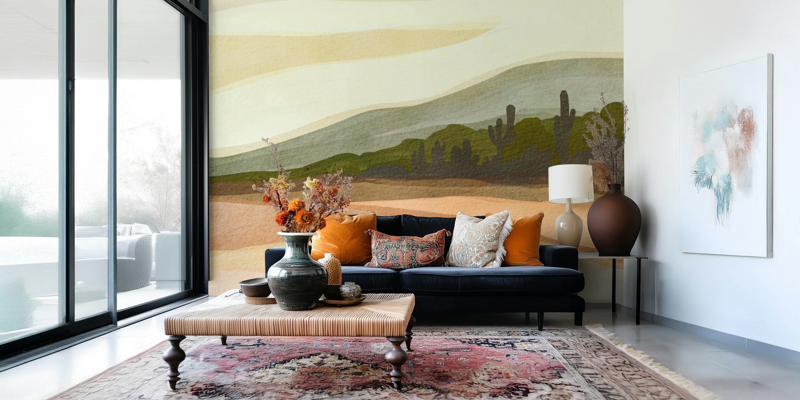 Serene desert panorama wallpaper in a room