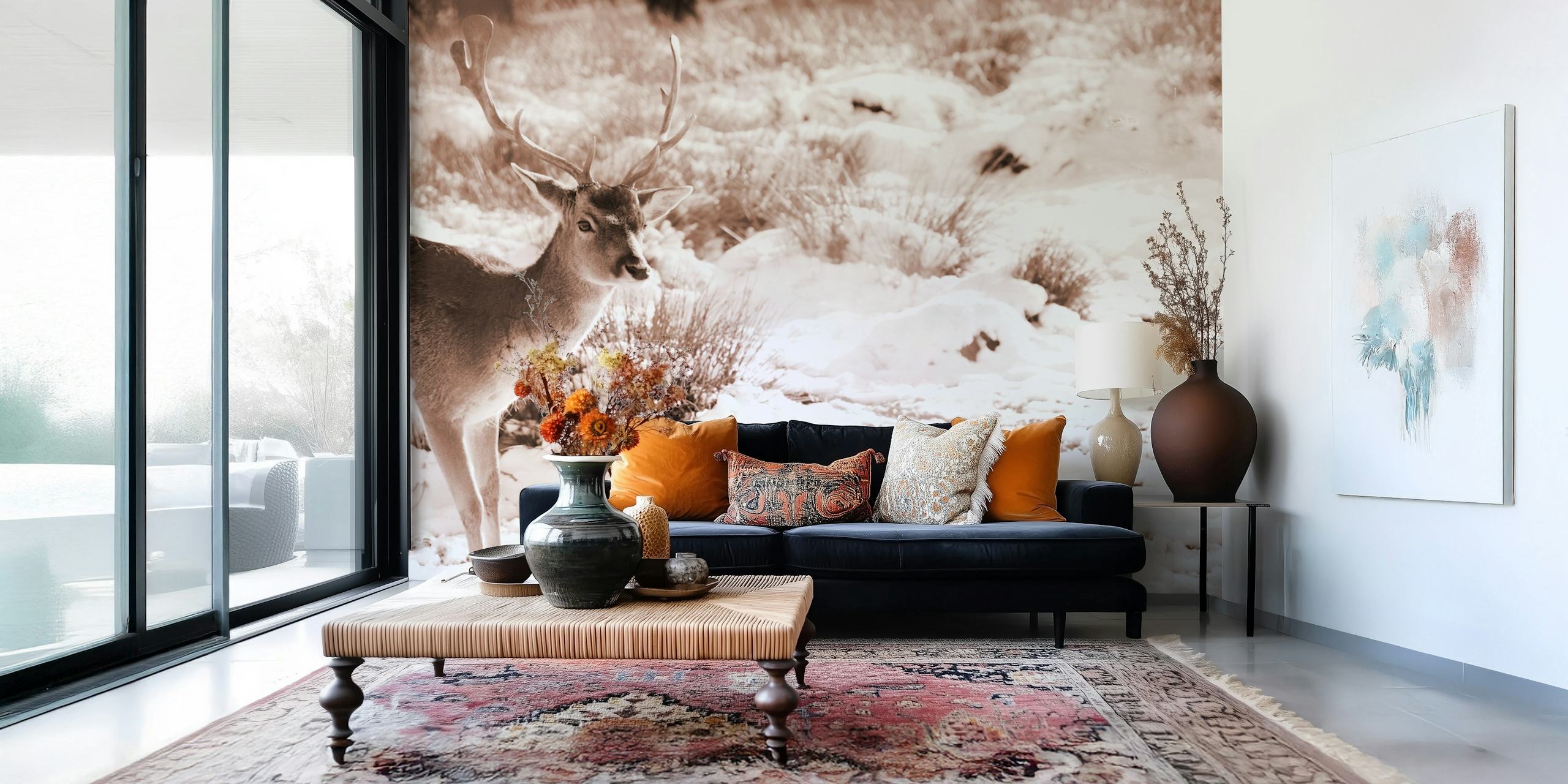 Wall mural of a graceful stag in winter scenery.