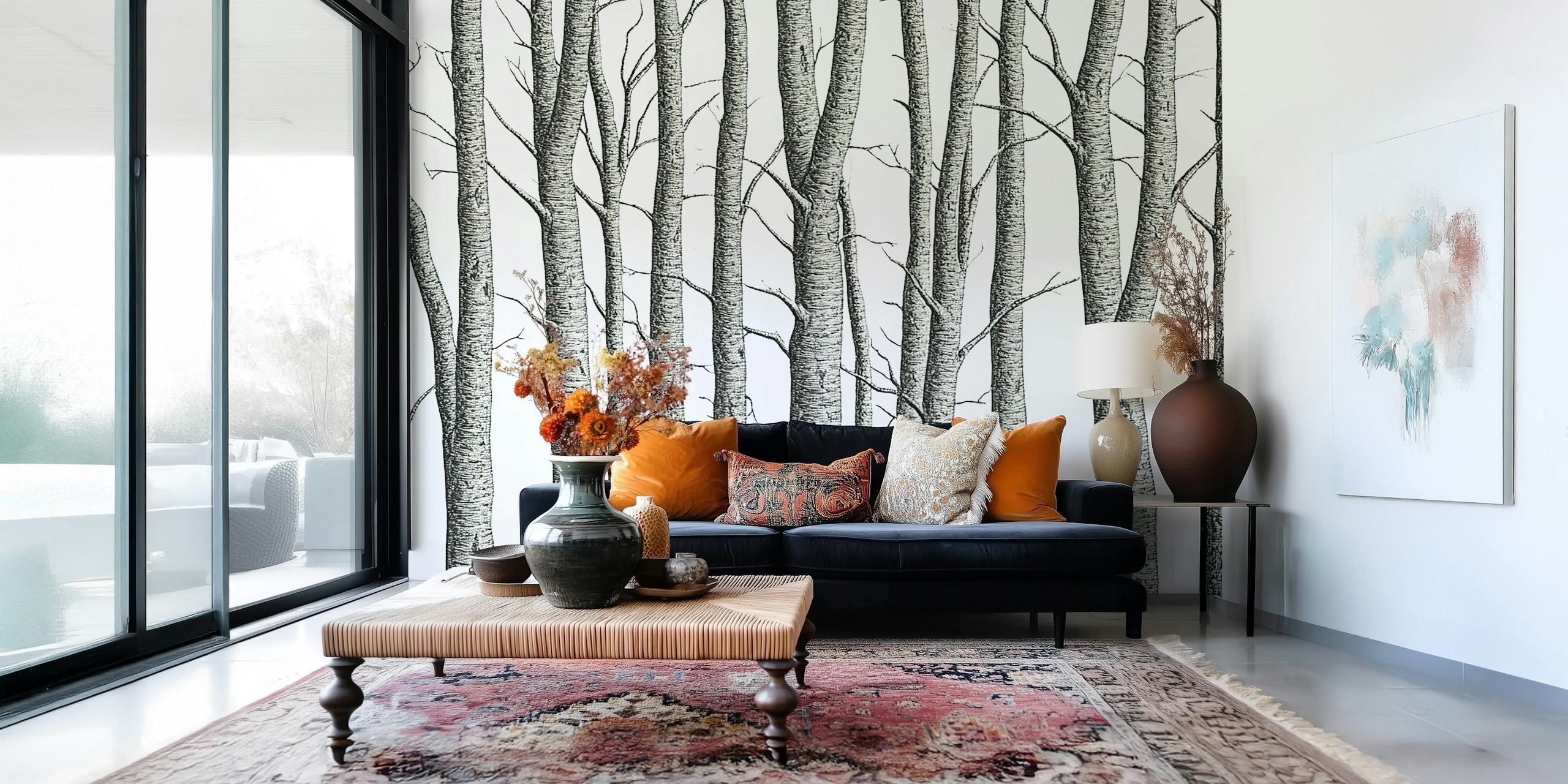 Detailed black and white tree wallpaper with engraved look.