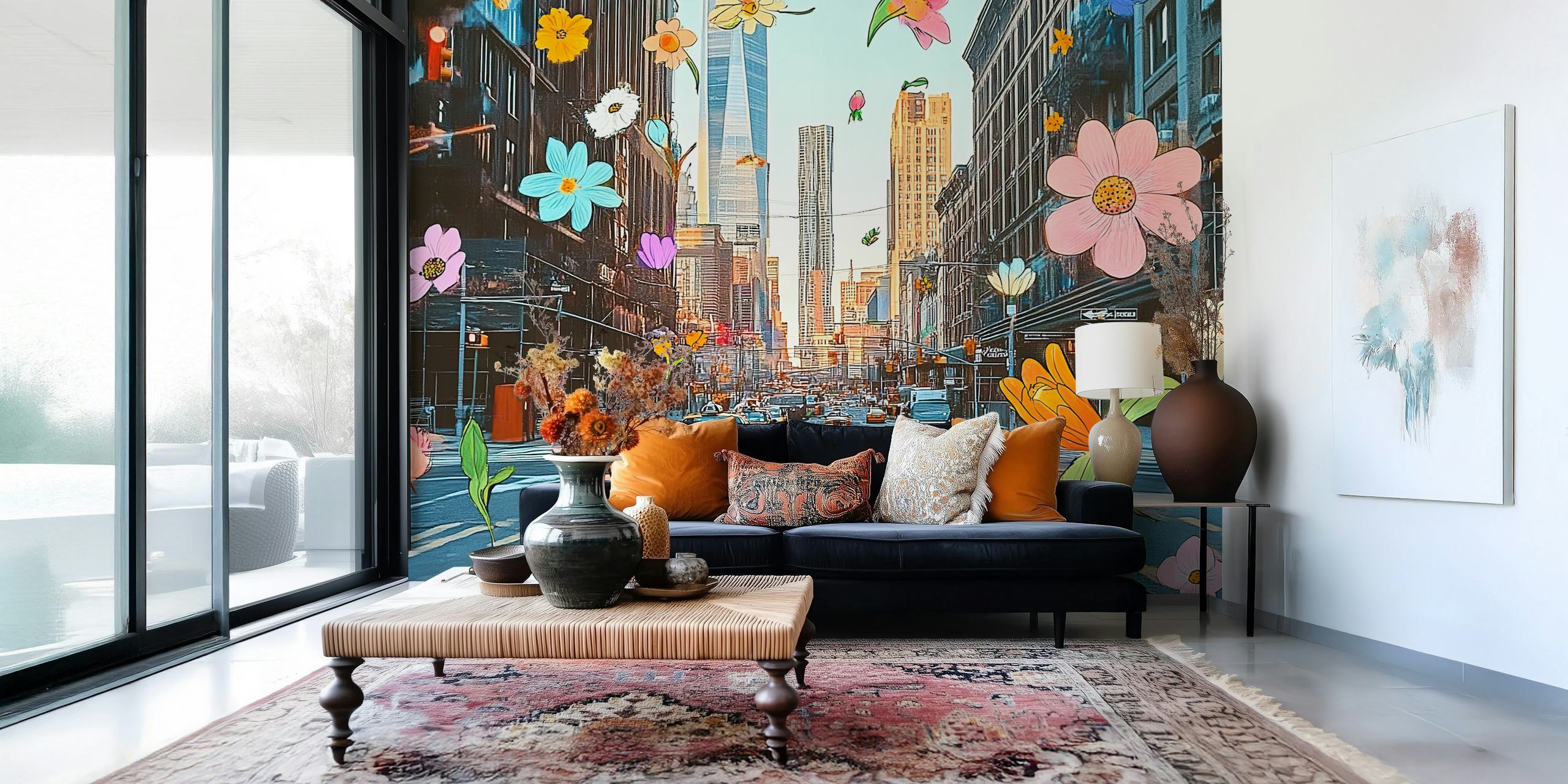 Urban Spring Explosion floral wallpaper in a room