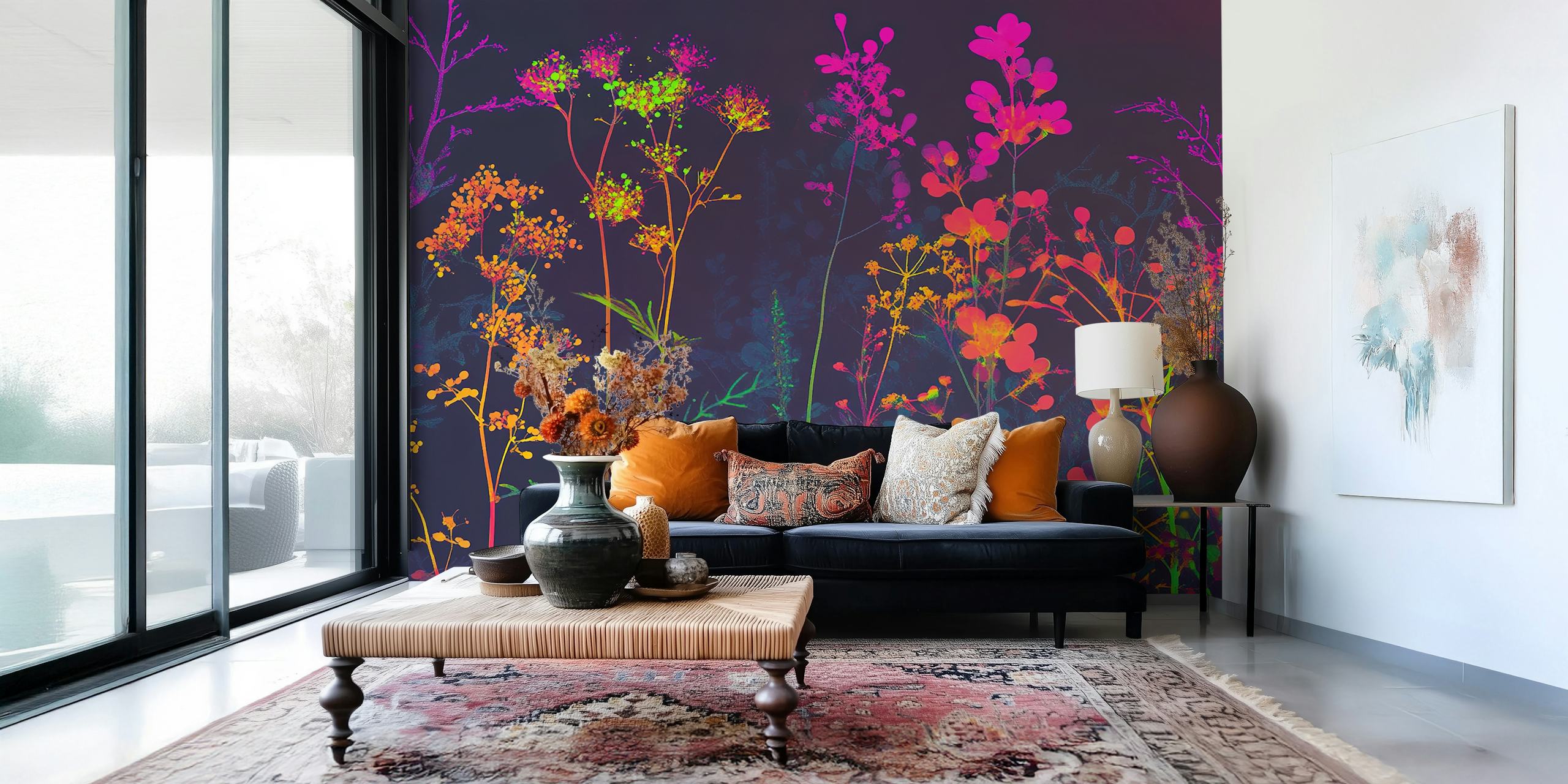 Papel pintado de flores neón vibrantes en una habitación