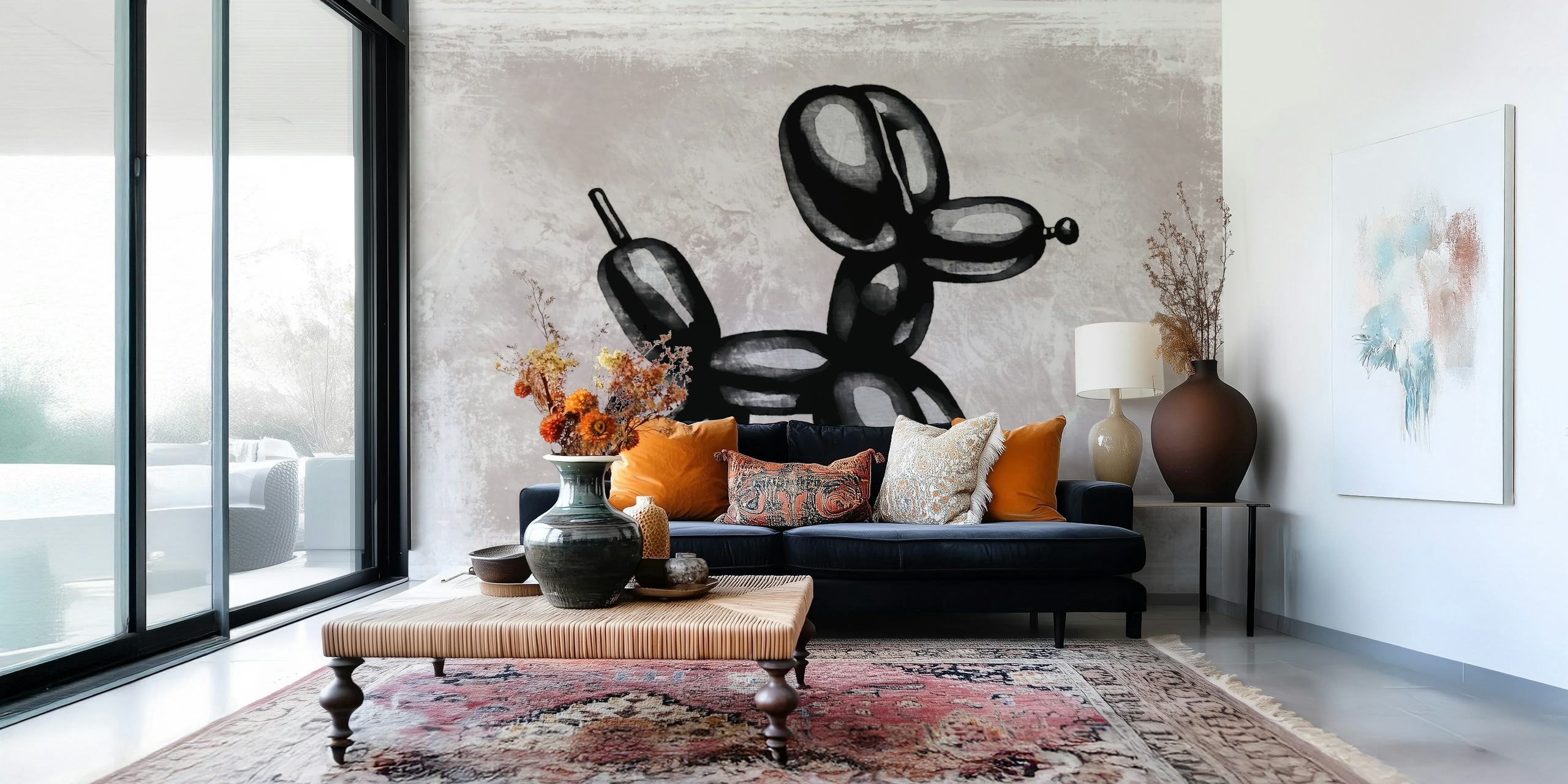 Black balloon dog illustration against a textured gray background wallpaper