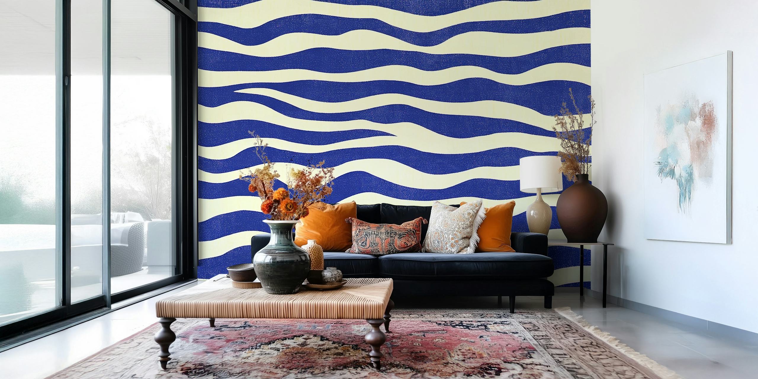 Navy blue and white wavy stripe pattern wallpaper