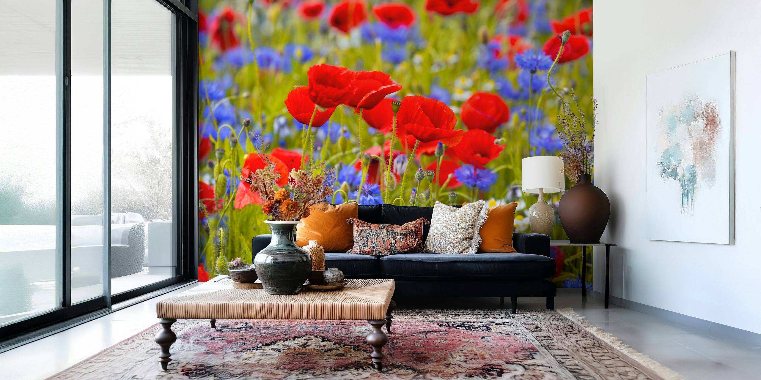 Red poppy flowers and blue cornflowers in a green field wallpaper