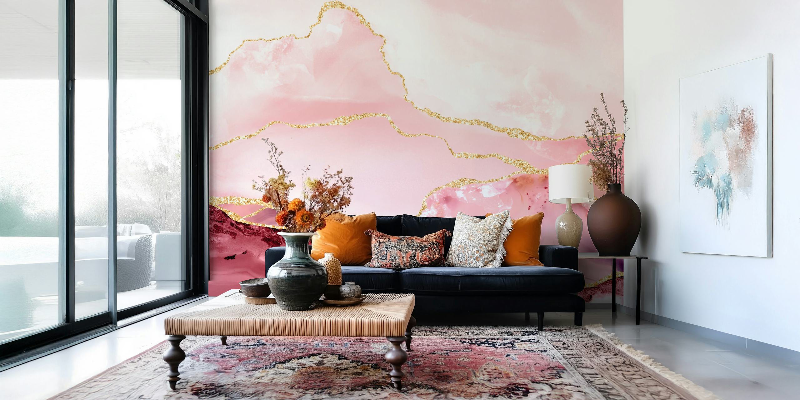 Papel tapiz Blush Pink Marble Gold en una habitación