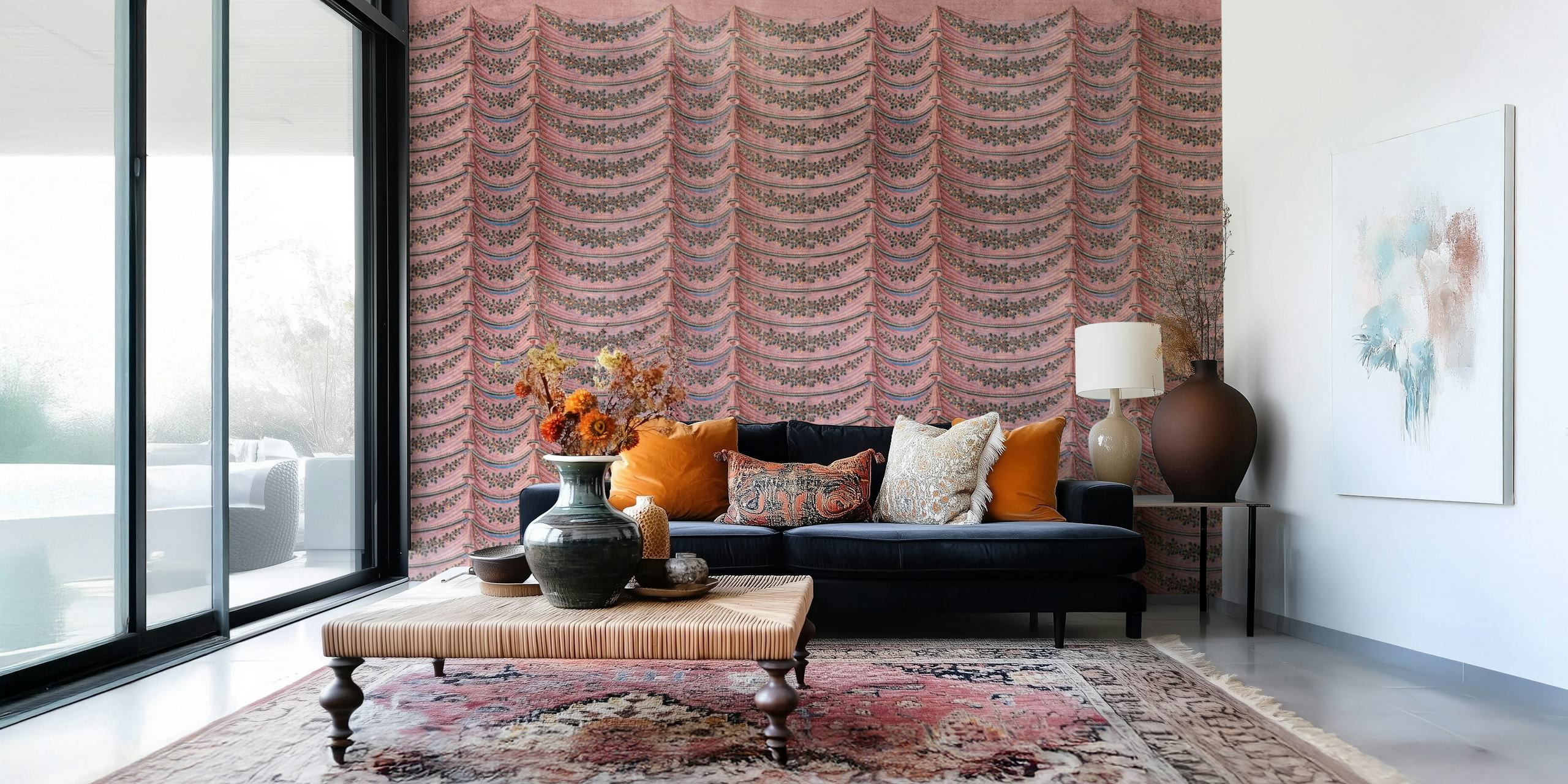 Pink floral stripe wallpaper with intricate patterns