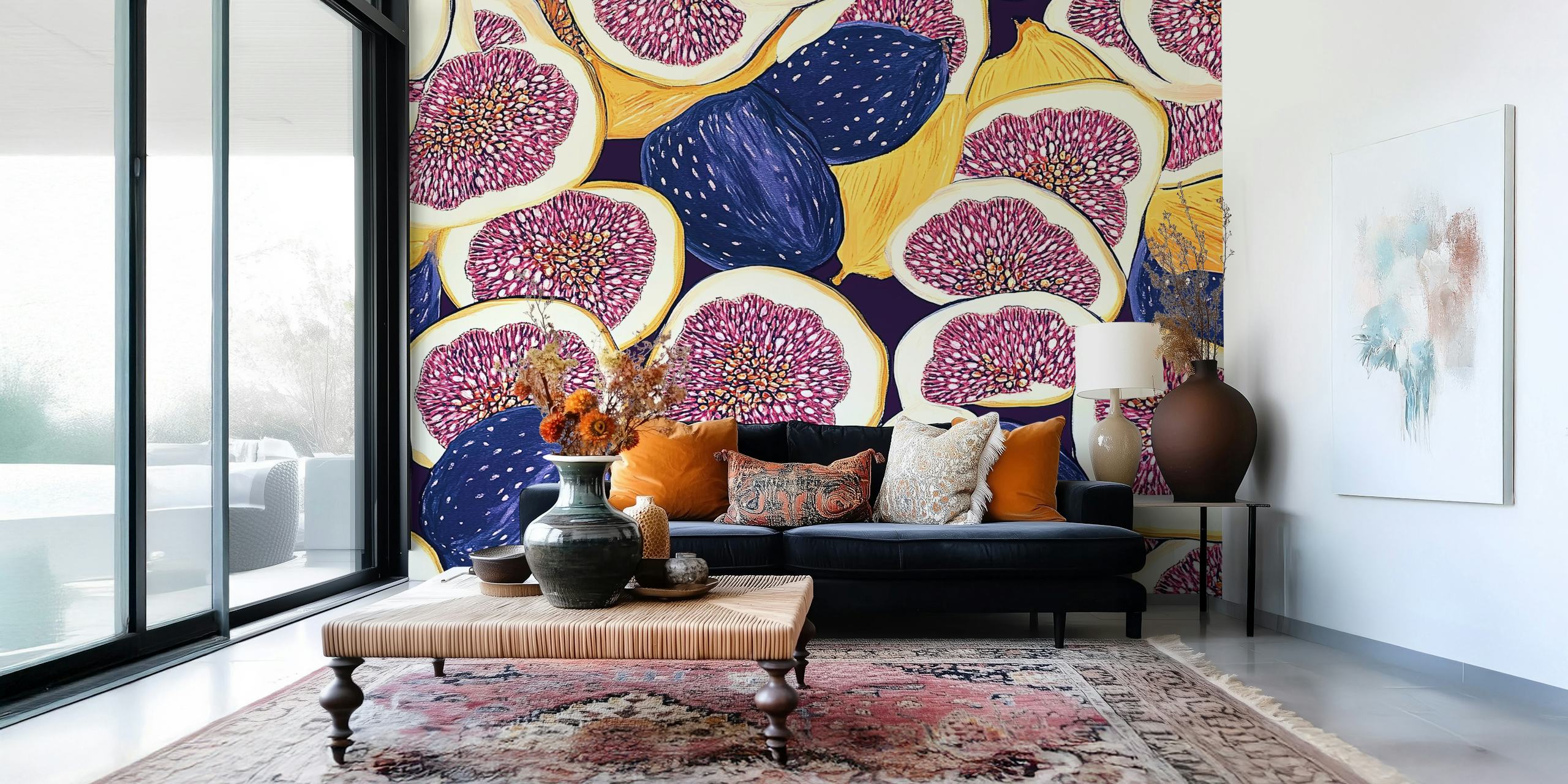 Colorful fig fruit pattern wallpaper with purple hues and yellow accents