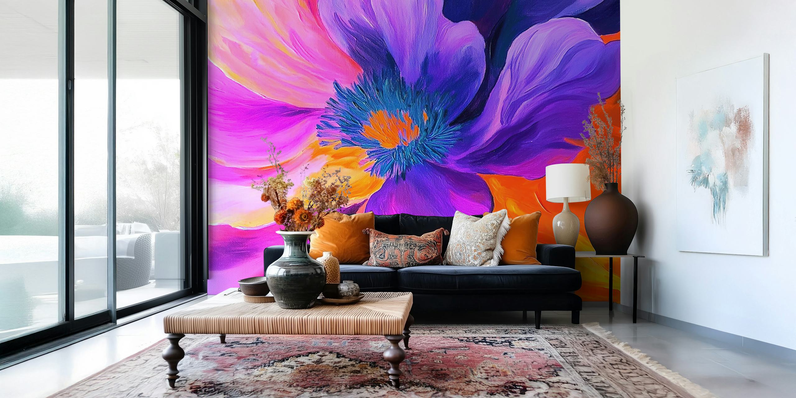 Groot paarse en oranje bloem met diepe details, abstracte kunst wallpaper