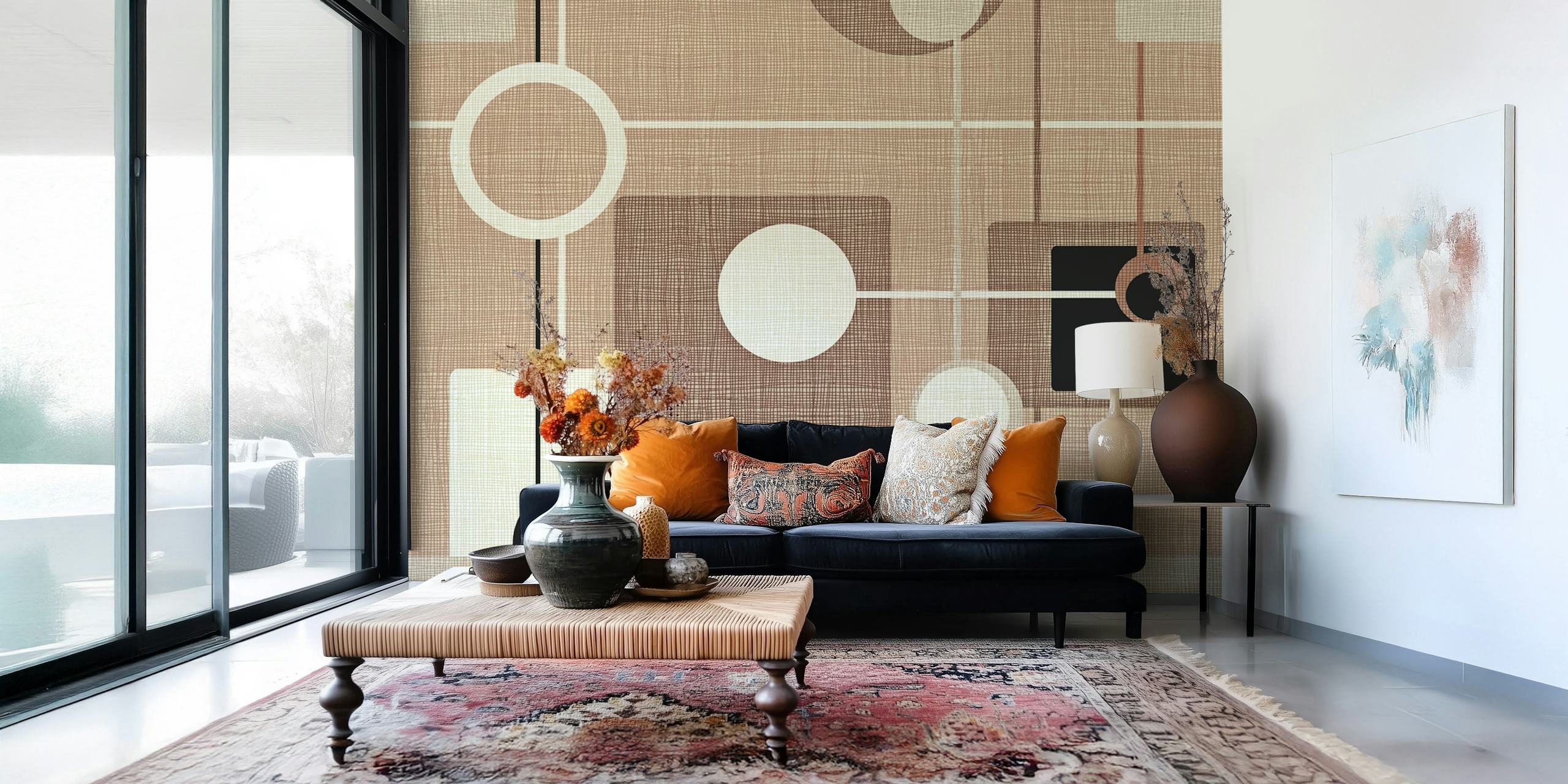 Mid-Century Motif Mocha Tapete in einem Raum
