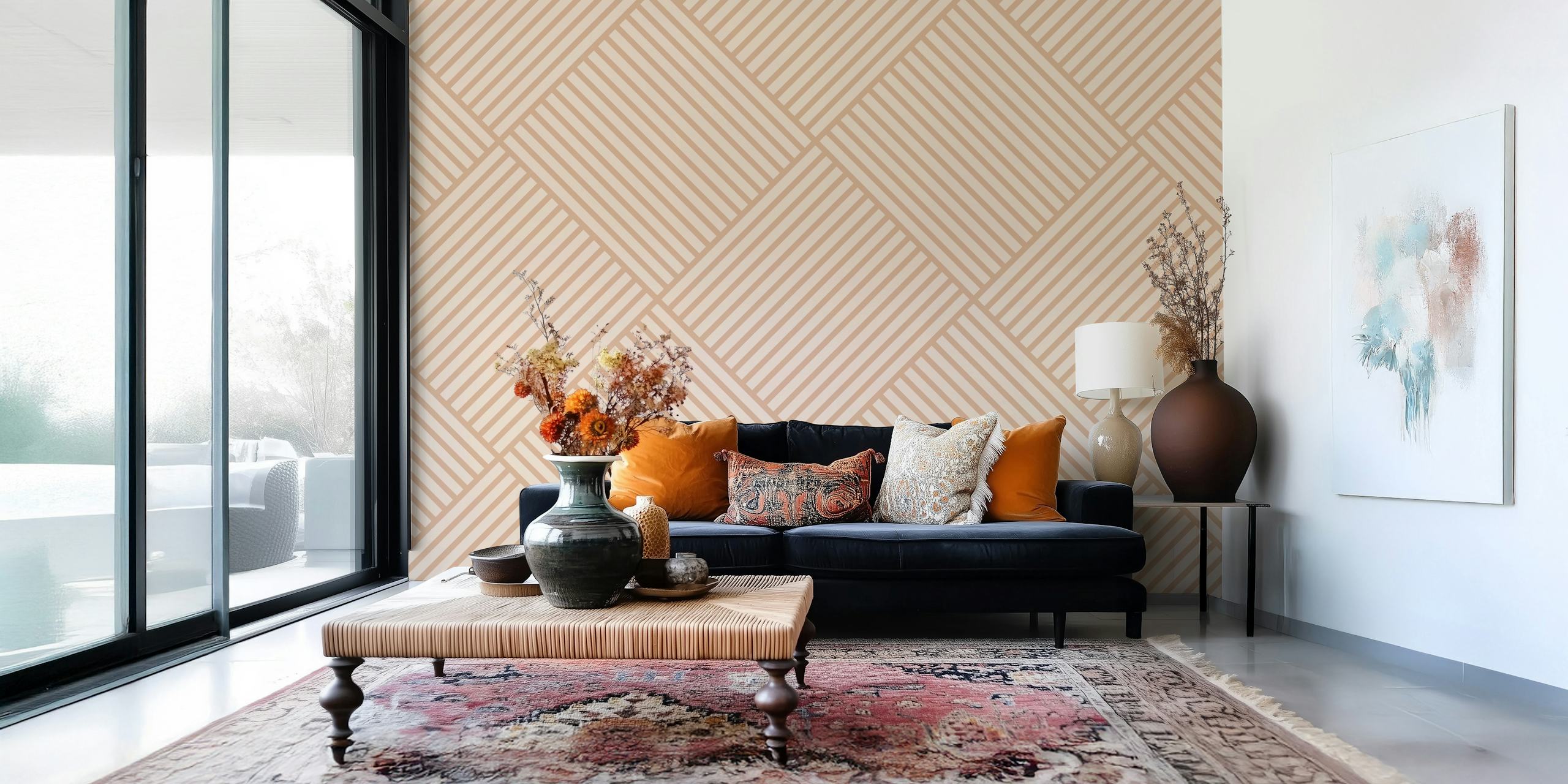Diagonal stripes in cream tones. Modern striped wallpaper.