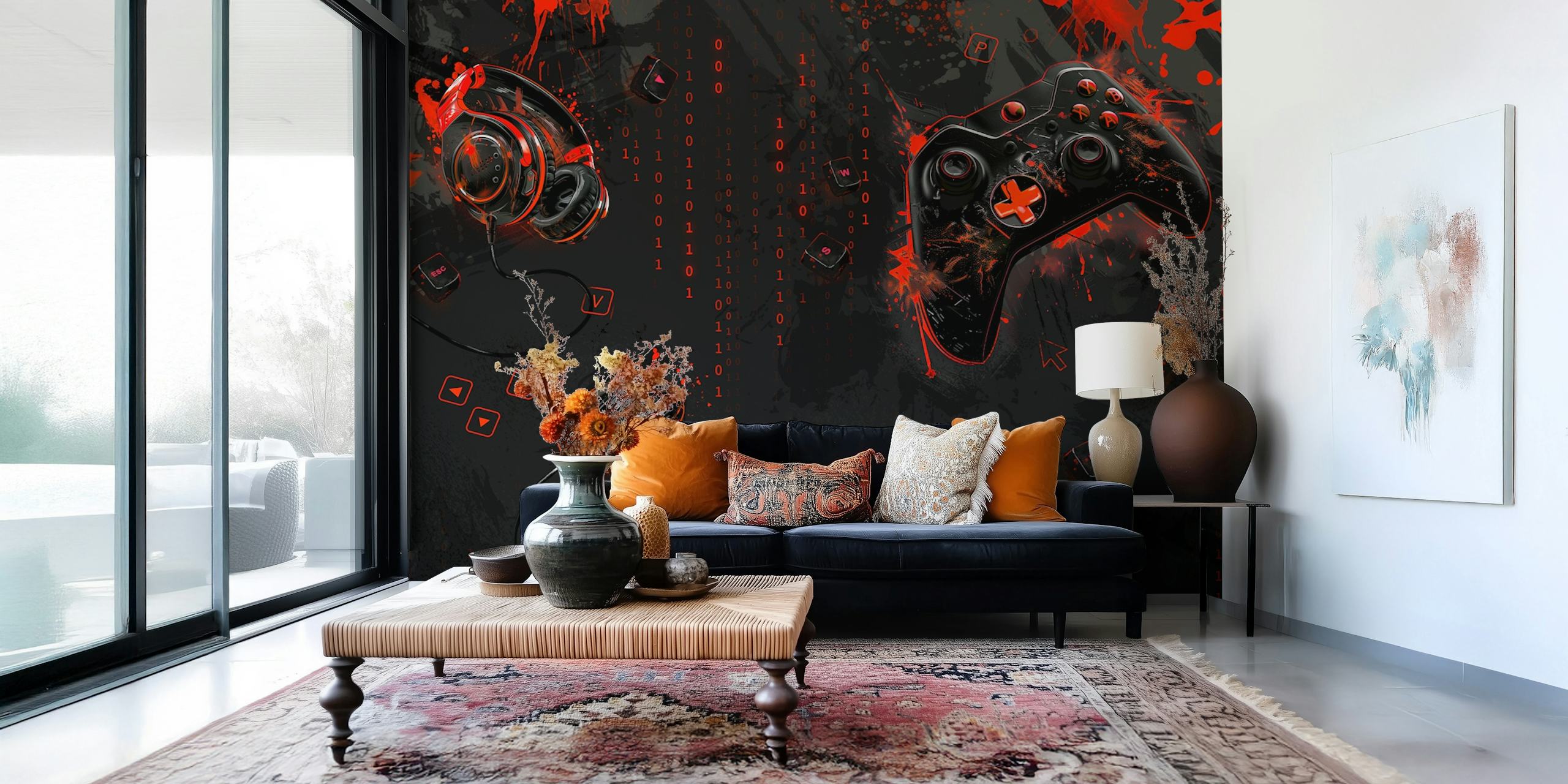 Gaming equipment including a headset, controller and mouse in red and black colors on a wall mural